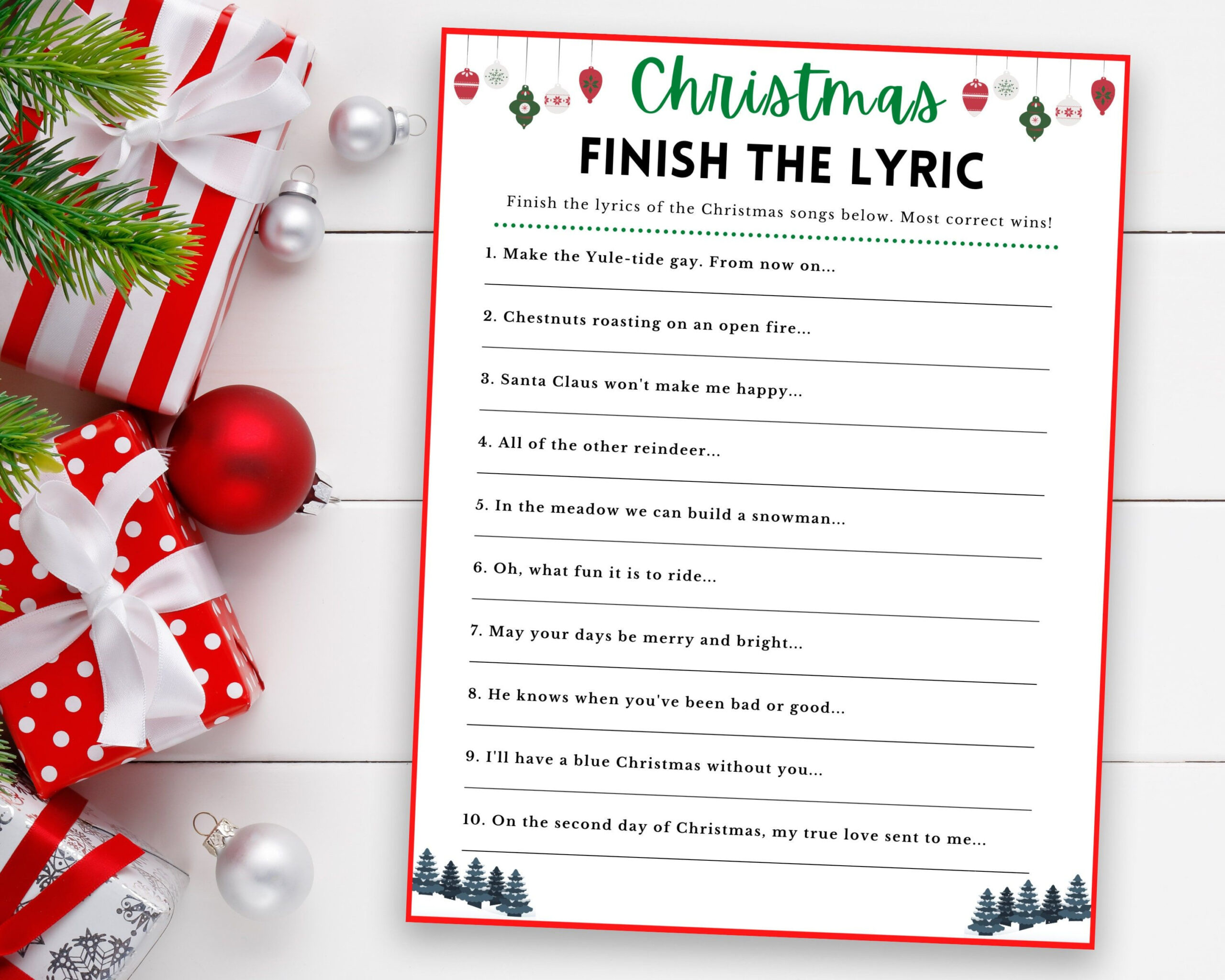 Printable Christmas Game For Family &amp;amp; Holidays Fun with Free Finish The Christmas Lyrics Printable
