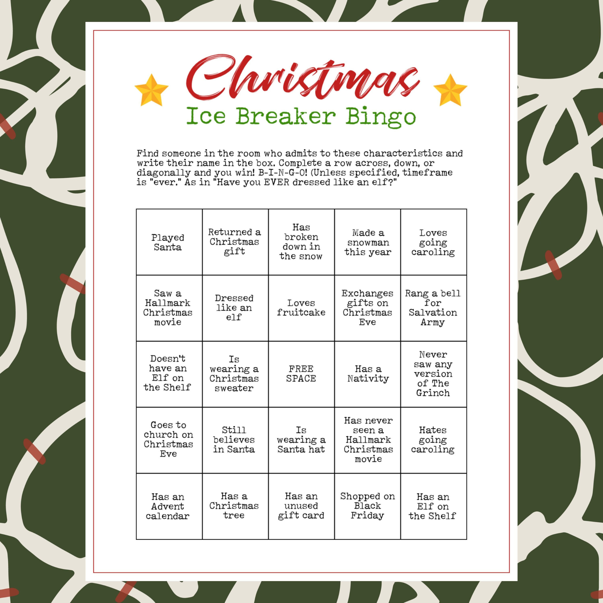 Printable Christmas Party Ice Breaker Game Human Bingo Cards Get in Free Printable Christmas Icebreaker Games
