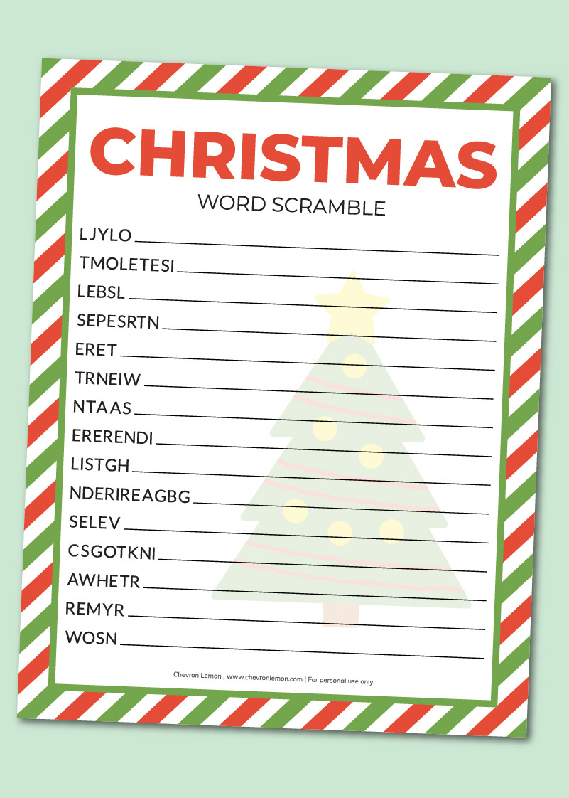 Printable Christmas Word Scramble - Chevron Lemon within Christmas Word Jumble Printable