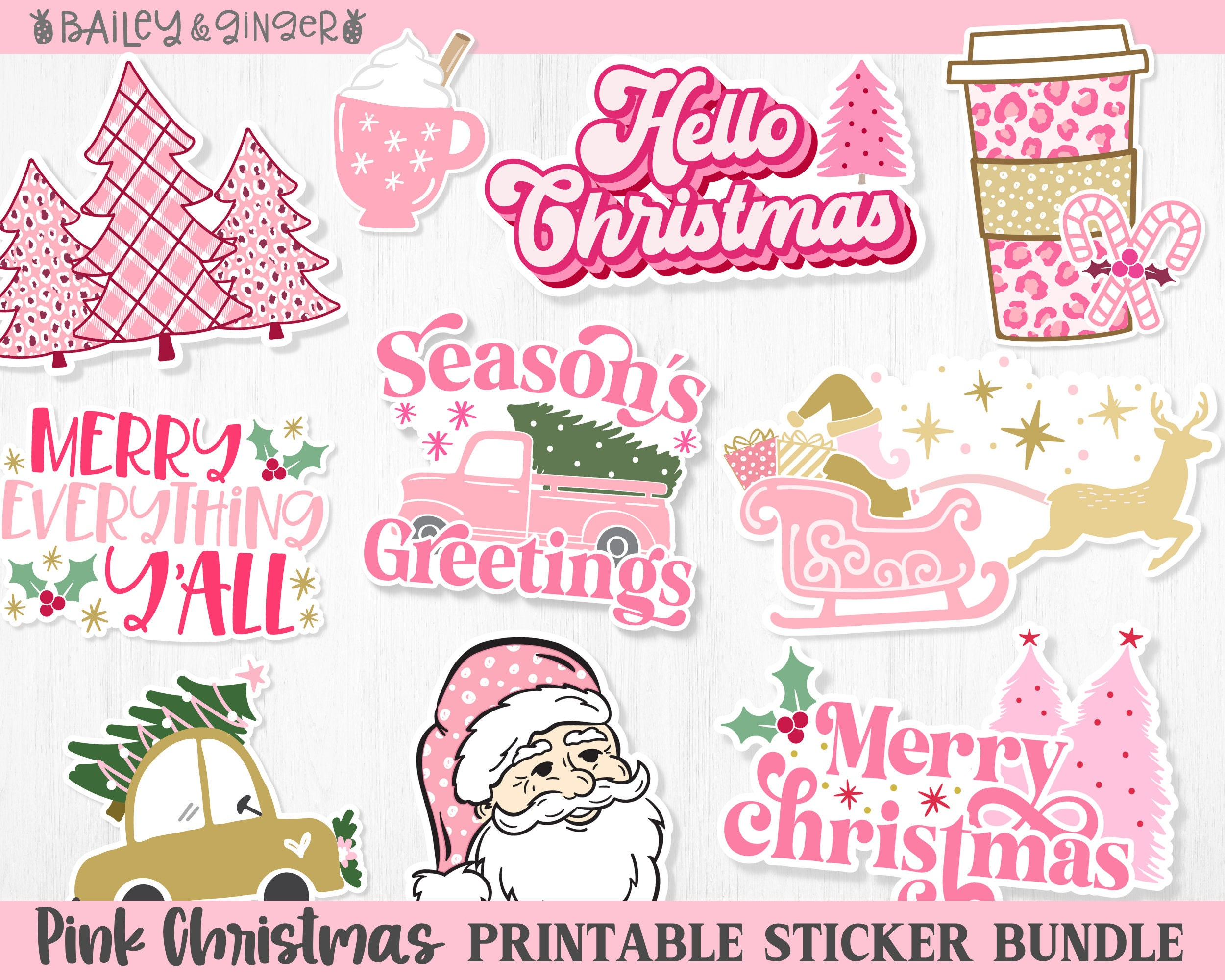 Printable Pink Christmas Sticker Bundle - Digital Png Stickers within Christmas Stickers Printable