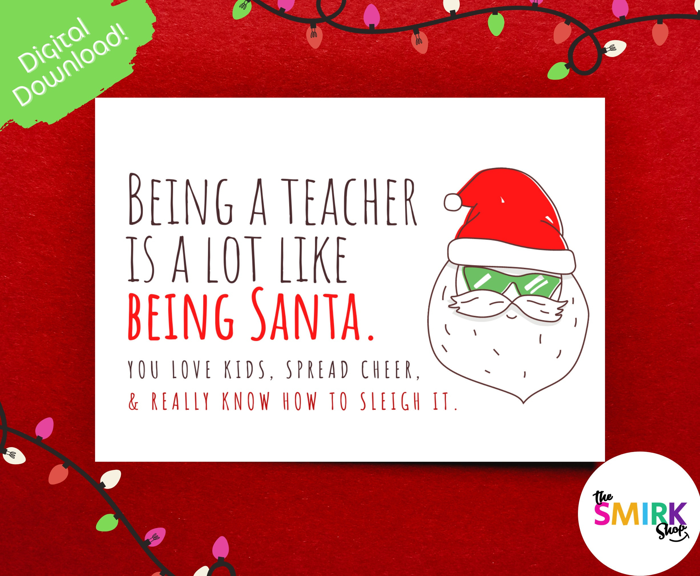 Printable Teacher Christmas Card: Santa Design (Digital Download for Merry Christmas Teacher Printable