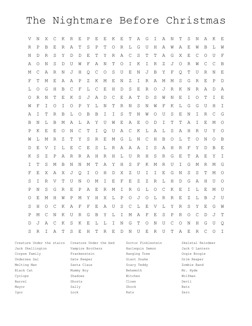 The Nightmare Before Christmas Word Search - Wordmint in Nightmare Before Christmas Word Search Printable