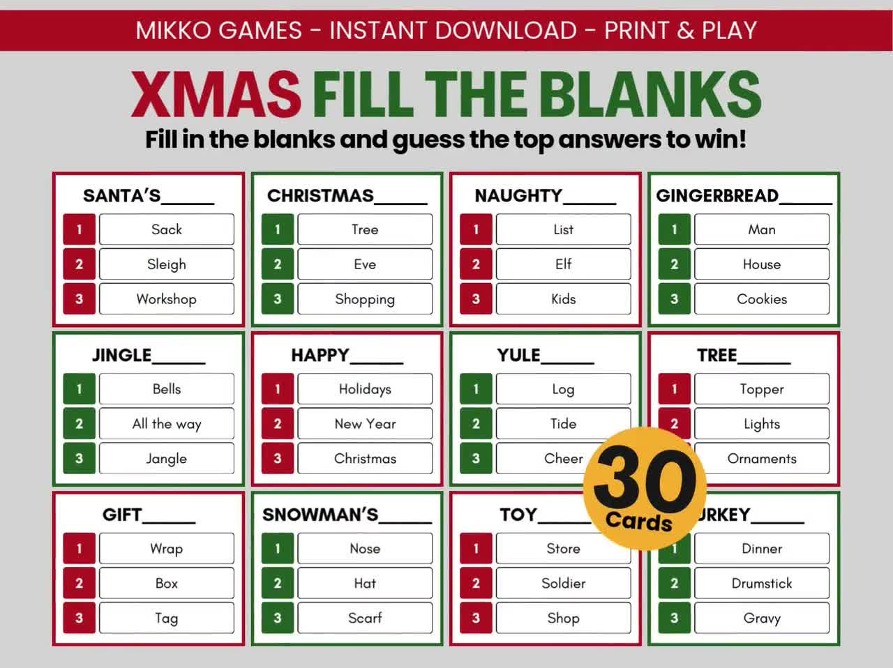 Xmas Fill The Blanks: Printable Large Group Party Game For Kids &amp;amp; Adults,  Blankety Blank Super Match Game For Christmas Parties pertaining to Printable Christmas Fill In The Blank