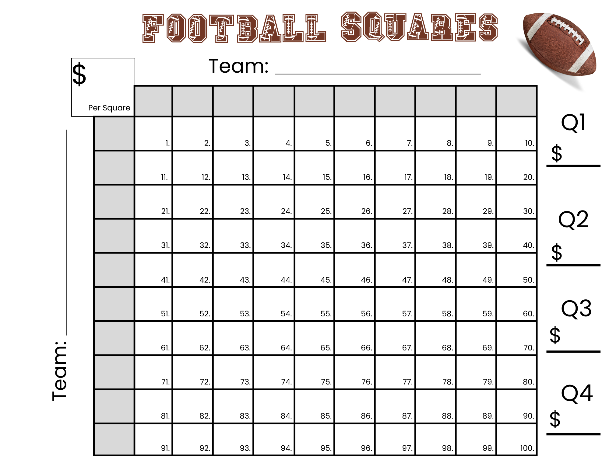 100 Football Squares Game Printable 10×10 Football Squares inside Printable Super Bowl Pool 100 Squares