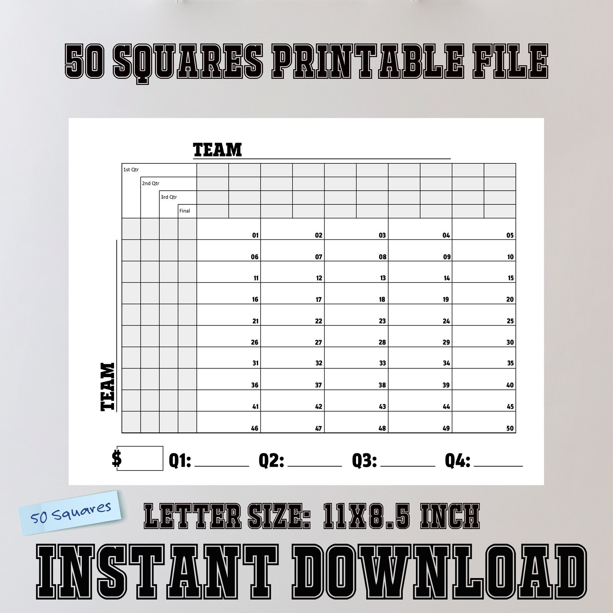 50 Quadrate Printable Fußball | Spendenvorlage (Sofortdownload within Printable Super Bowl 50 Squares