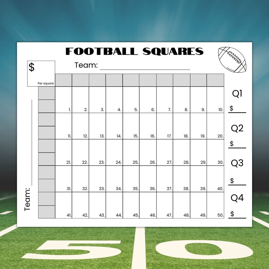 50 Squares Football Squares Game Printable, Football Fundraiser inside Super Bowl 50 Squares Printable