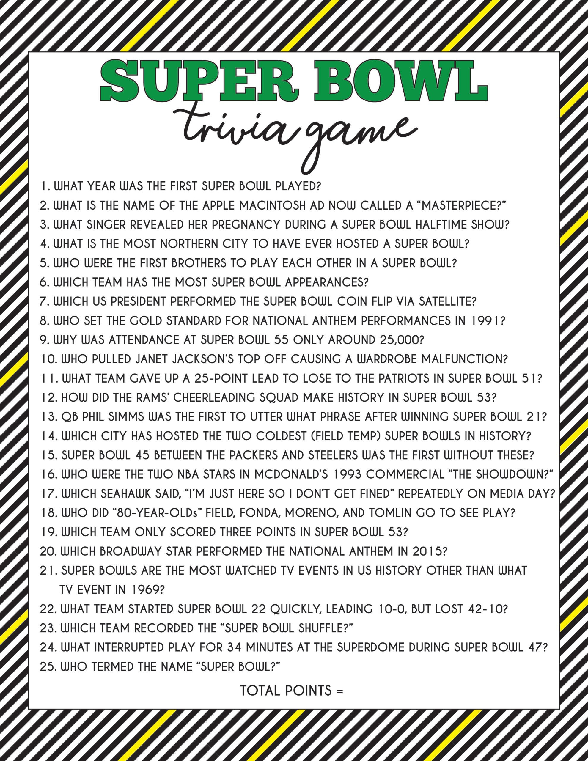 50 Super Bowl Trivia Questions &amp;amp; Printable Game - Play Party Plan throughout Printable Super Bowl Questions