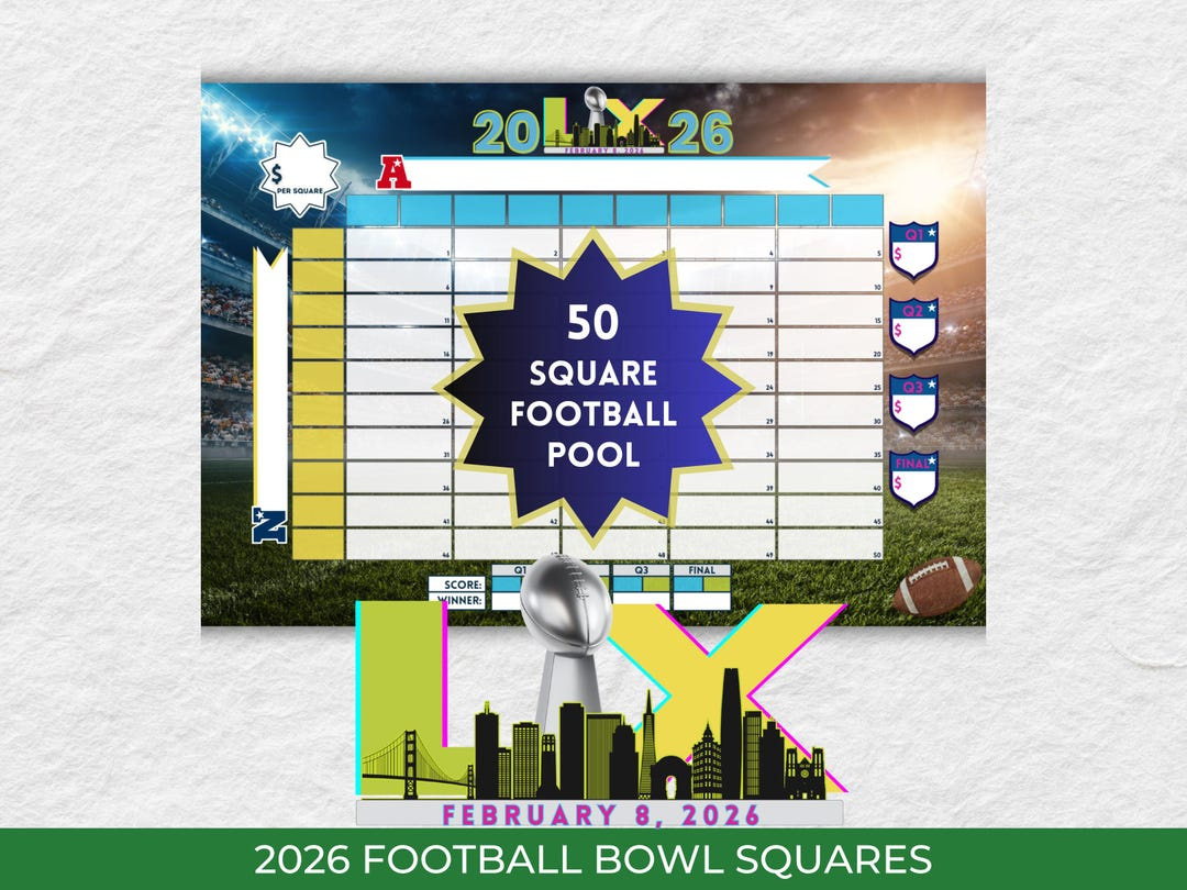 50 Super Football Bowl Squares Grid 2026 Football Pool Printable with regard to 2026 Super Bowl Pool Printable