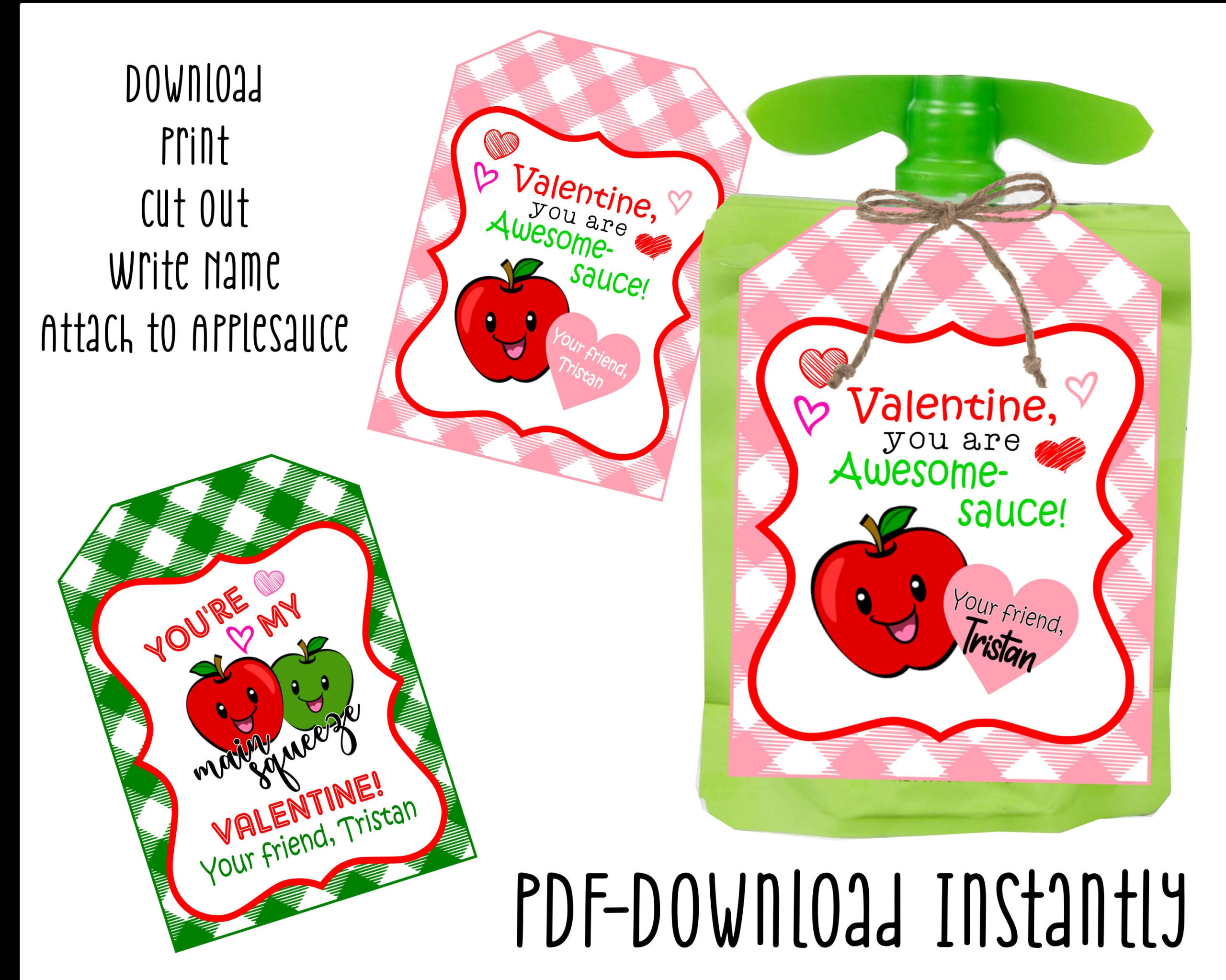 Applesauce Pouch Valentine'S Day Tag Label- Printable - Instant regarding Free Printable Applesauce Pouch Valentines