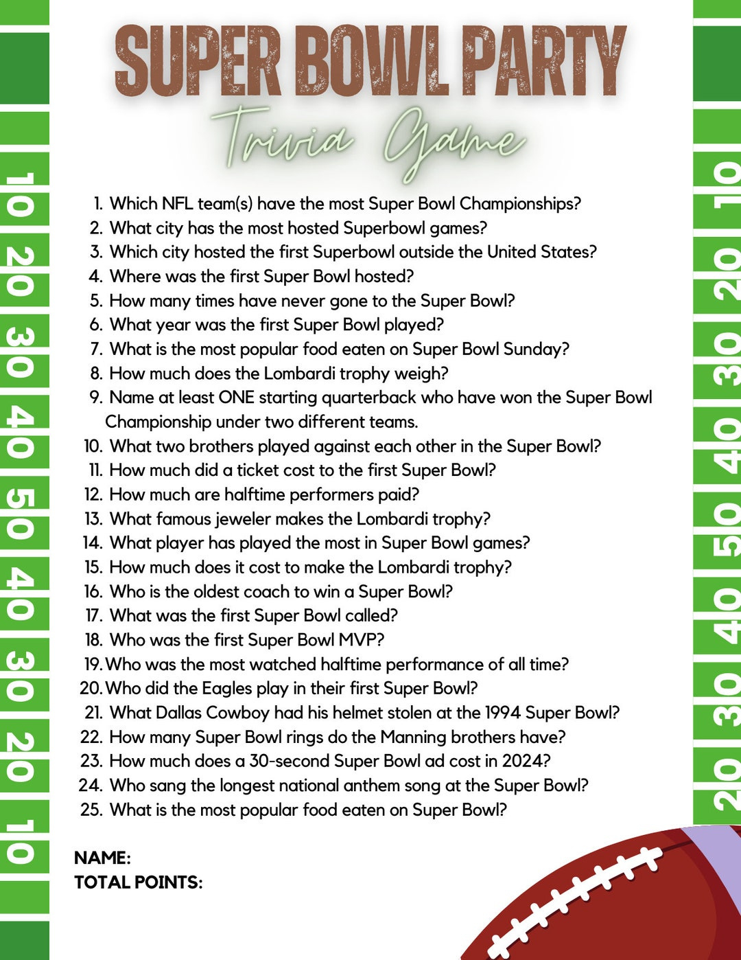 Buy Super Bowl Trivia Game, Football Trivia, Trivia Game Sports, Download  And Easy To Print, 8.5X11, Pdf Online In India - Etsy throughout Super Bowl Trivia Games Printable