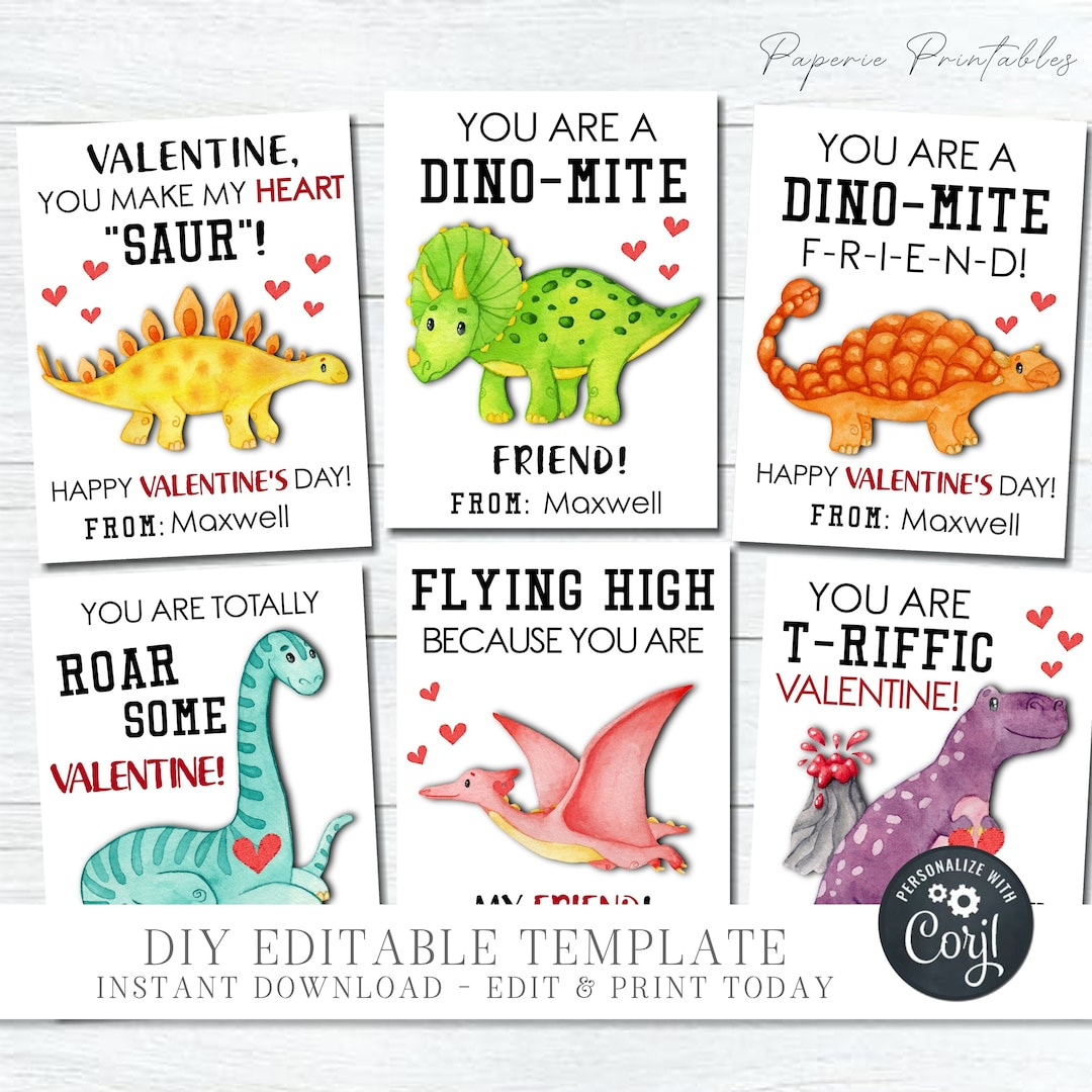 Editable Dinosaur Valentine&amp;#039;S Day Cards: Kids School Tags (Diy Digital  Download) - Etsy.de with Dinosaur Valentine Cards Printable