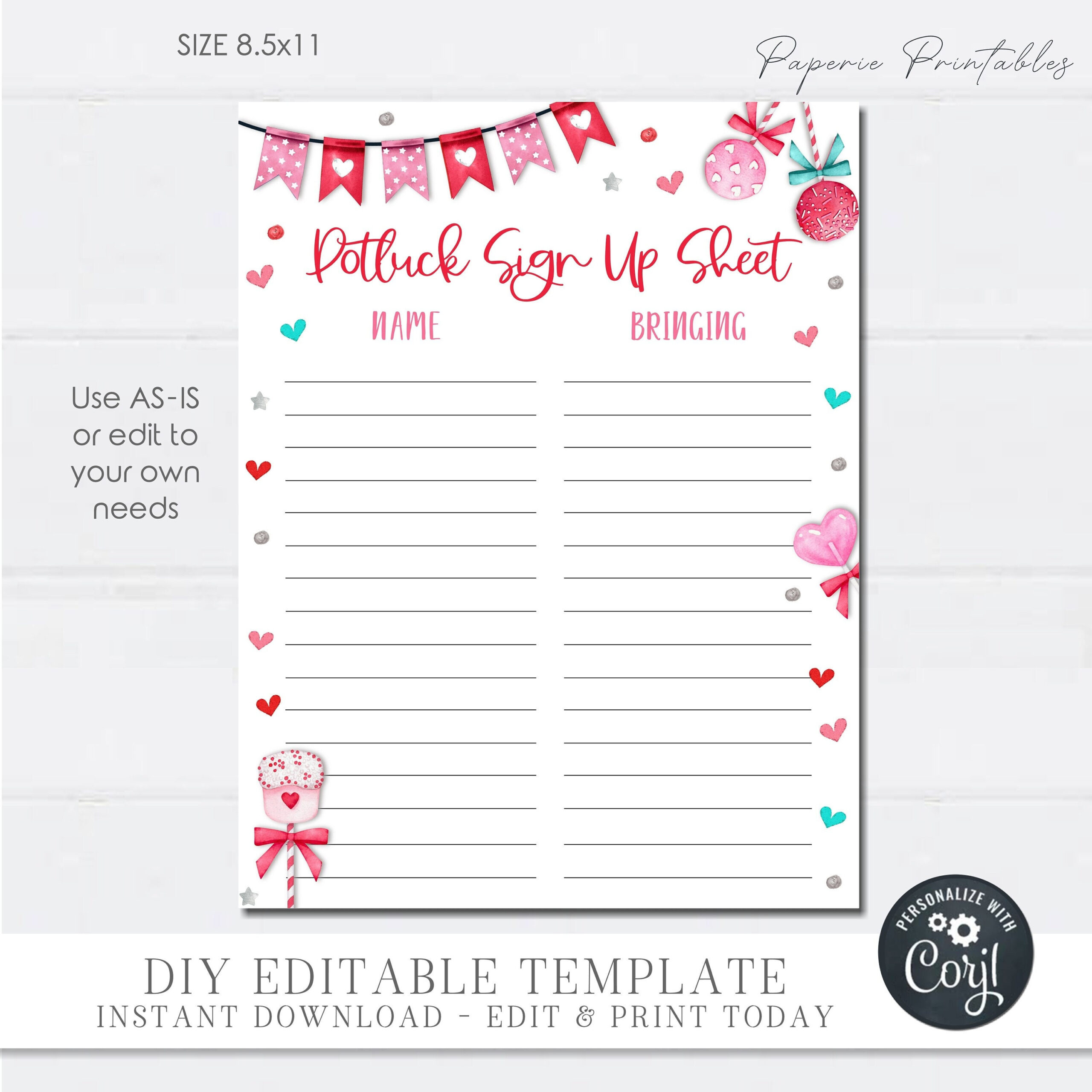 Editable Valentine'S Day Potluck Sign Up Sheet (Digital Download pertaining to Printable Valentines Potluck Sign Up Sheet