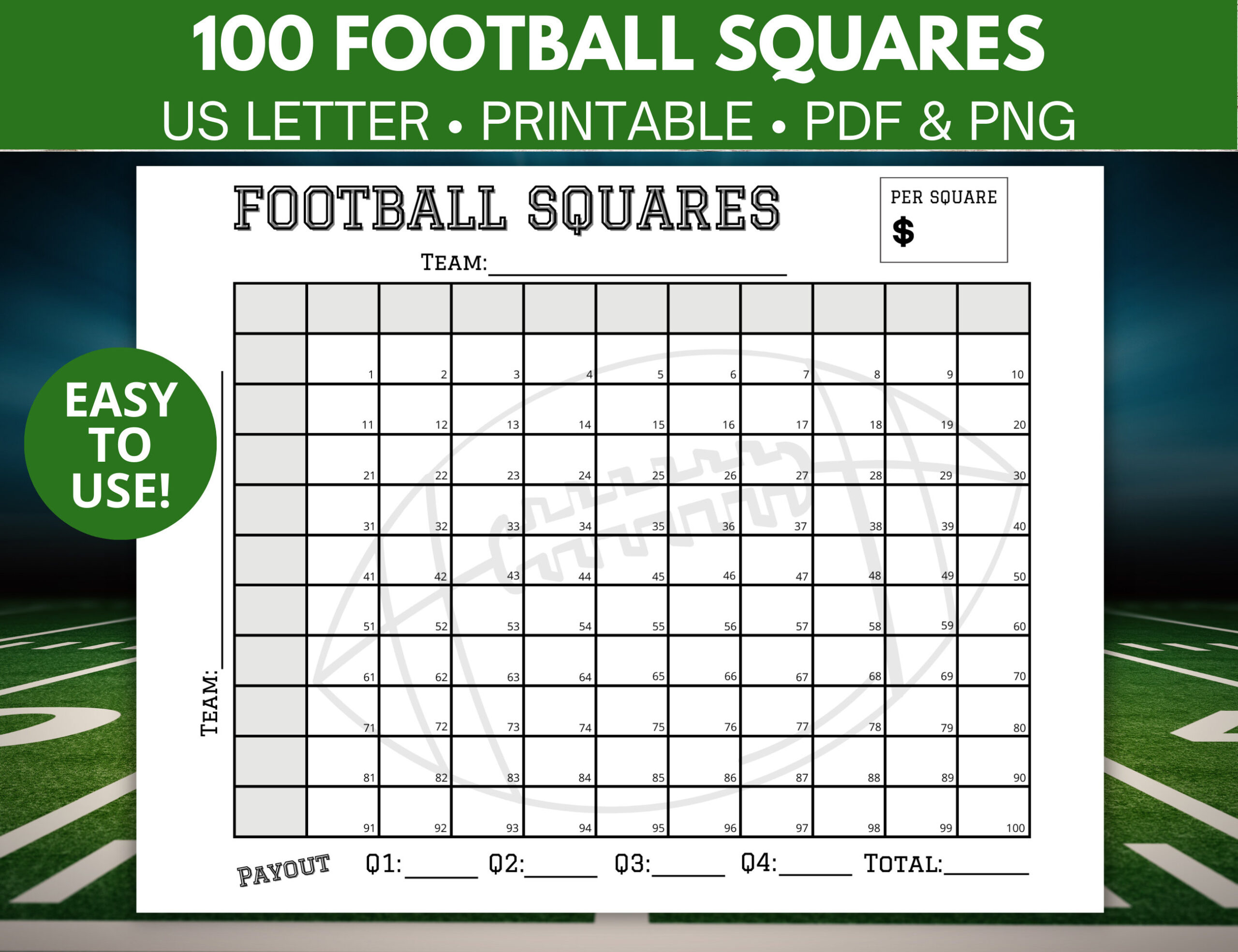 Football Squares Printable, Football Fundraiser, Bowl Squares with Printable Super Bowl Squares Fundraiser