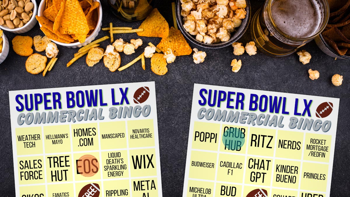 Free 2026 Super Bowl Commercial Bingo Cards inside Printable Super Bowl Commercial Bingo Cards 2026