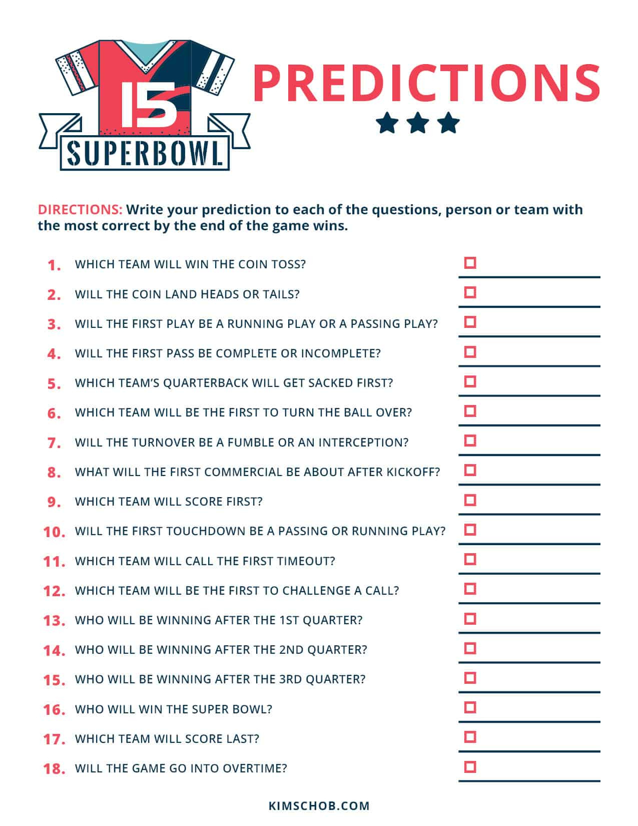 Free Football Printables - Printable Game Day Activities! - Kim Schob with Super Bowl Prediction Game Printable