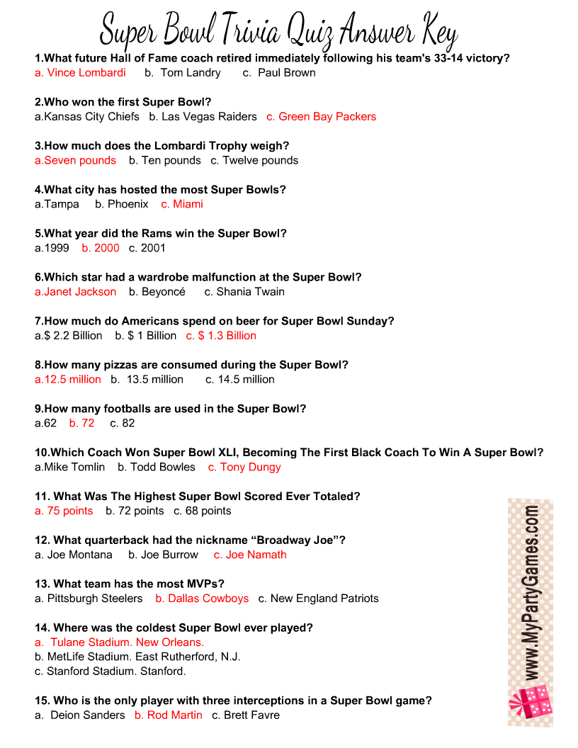 Free Printable Football Super Bowl Trivia Quiz in Super Bowl Trivia Questions And Answers Printable