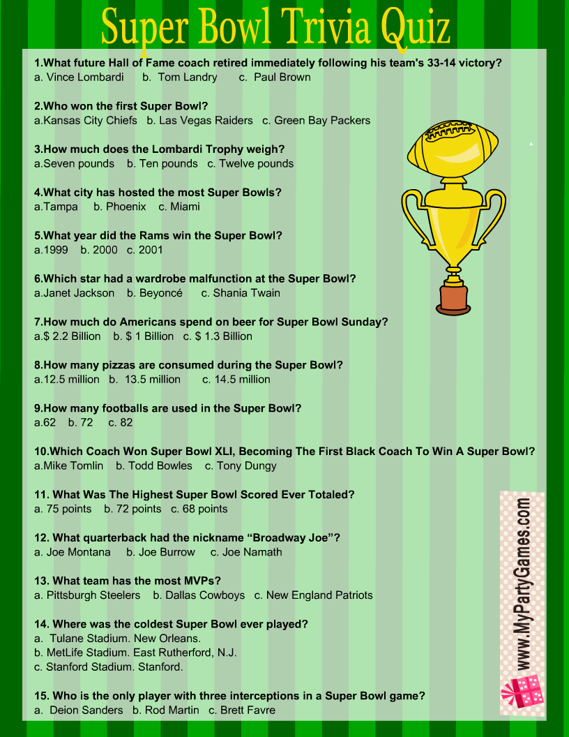 Free Printable Football Super Bowl Trivia Quiz regarding Free Printable Super Bowl Questions