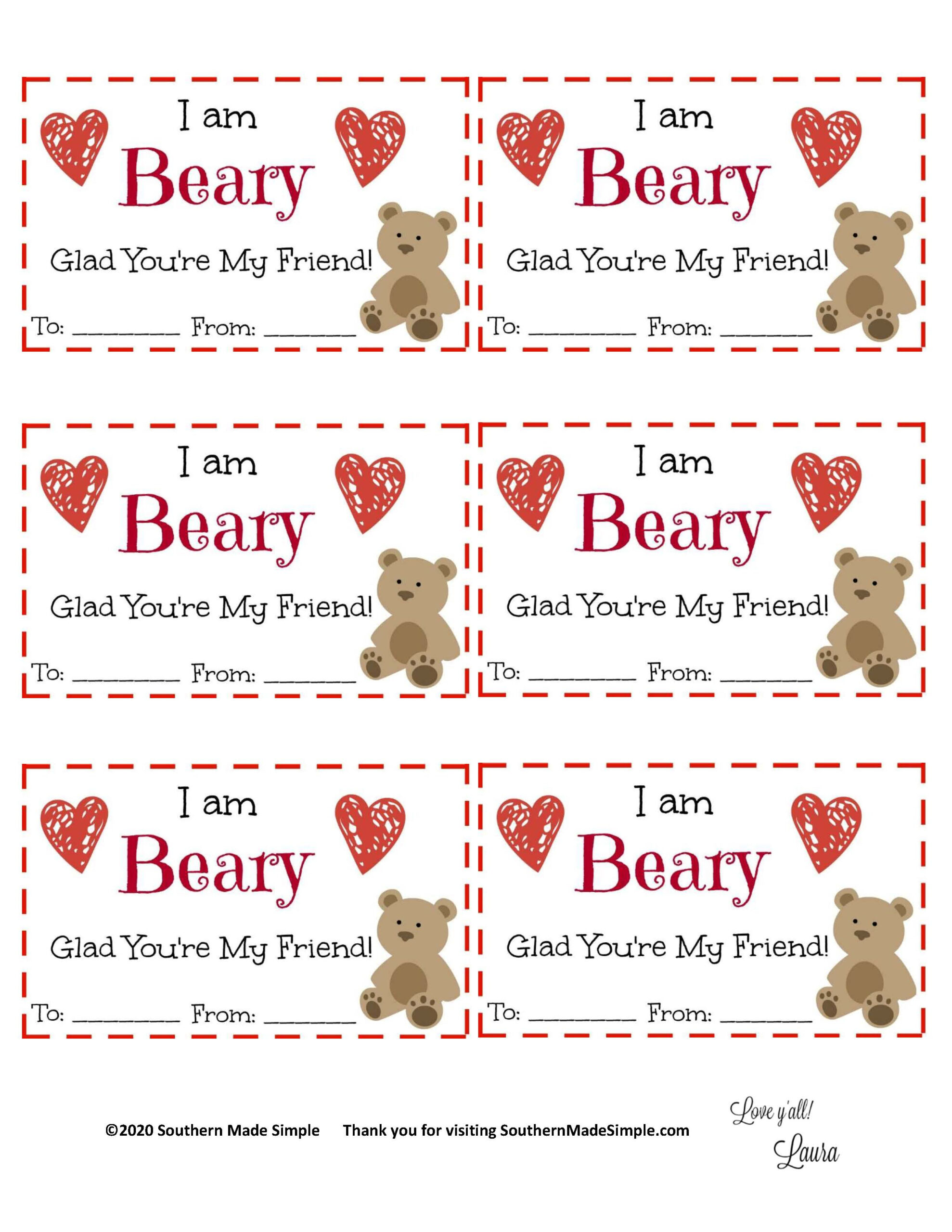 Free Printable: I'M Beary Glad You'Re My Friend Valentine with Gummy Bear Valentine Printable