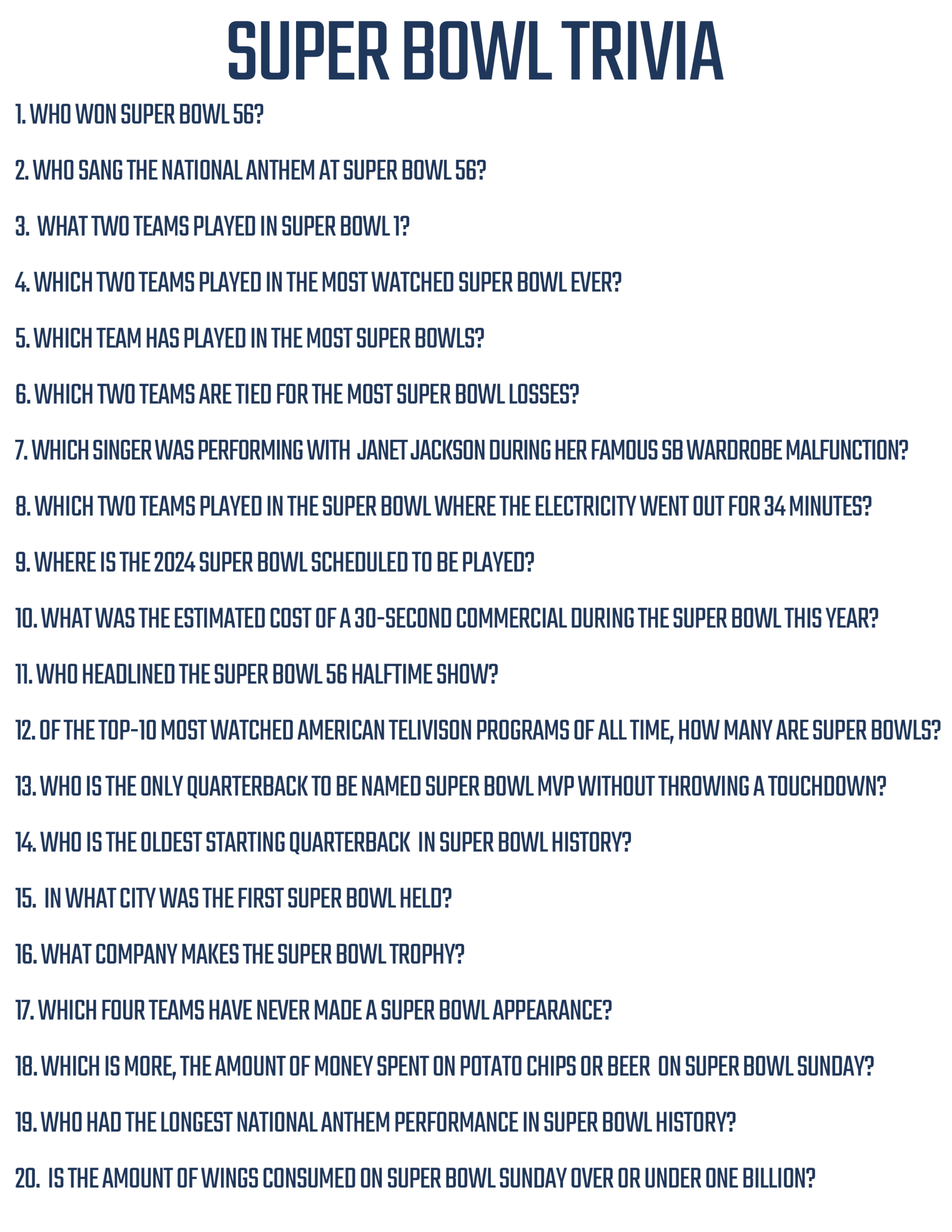 Free Printable Super Bowl 57 Trivia Cards For Chiefs Vs Eagles inside Free Printable Super Bowl Questions