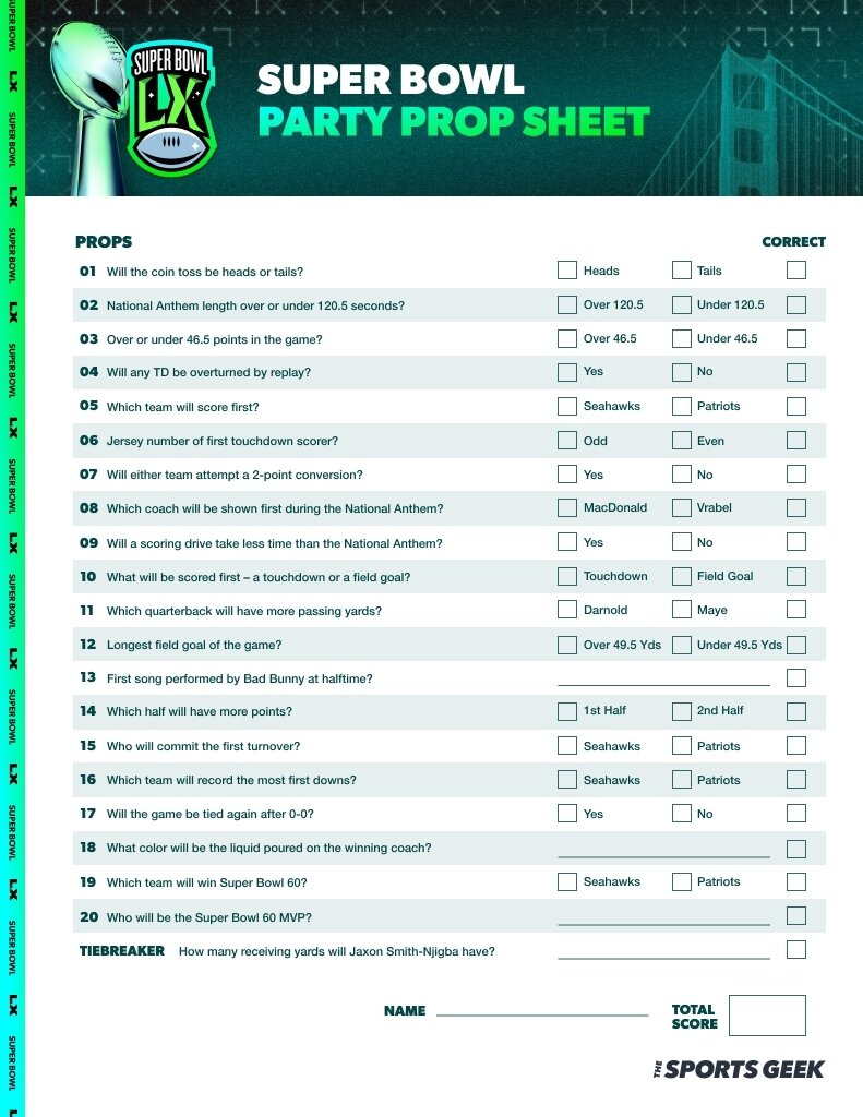 Free Super Bowl Prop Bet Sheet For 2026 (Printable) in Super Bowl 2026 Prop Bets List Printable