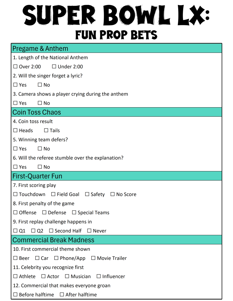 Funny Super Bowl Prop Bets Sheet For Super Bowl 2026 - Interbasket within Super Bowl 2026 Prop Bets List Printable