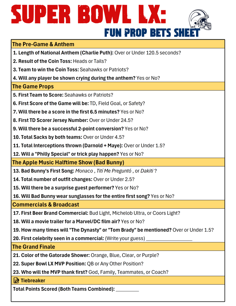 Funny Super Bowl Prop Bets Sheet For Super Bowl 2026 - Interbasket within Super Bowl Guessing Game 2026 Printable