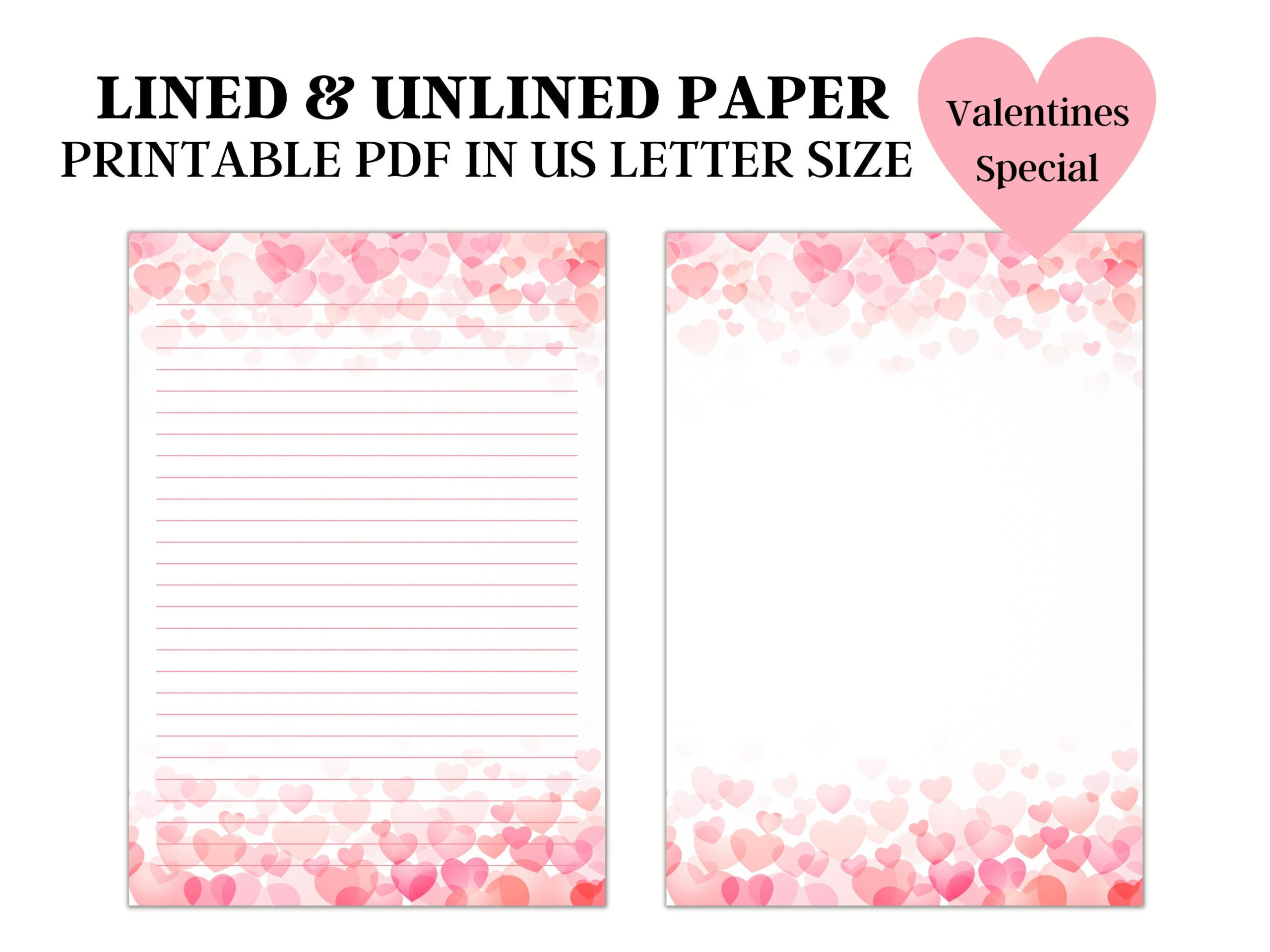 Hearts Stationery Paper, Printable Lined Writing Paper, Journal throughout Printable Valentine Stationery