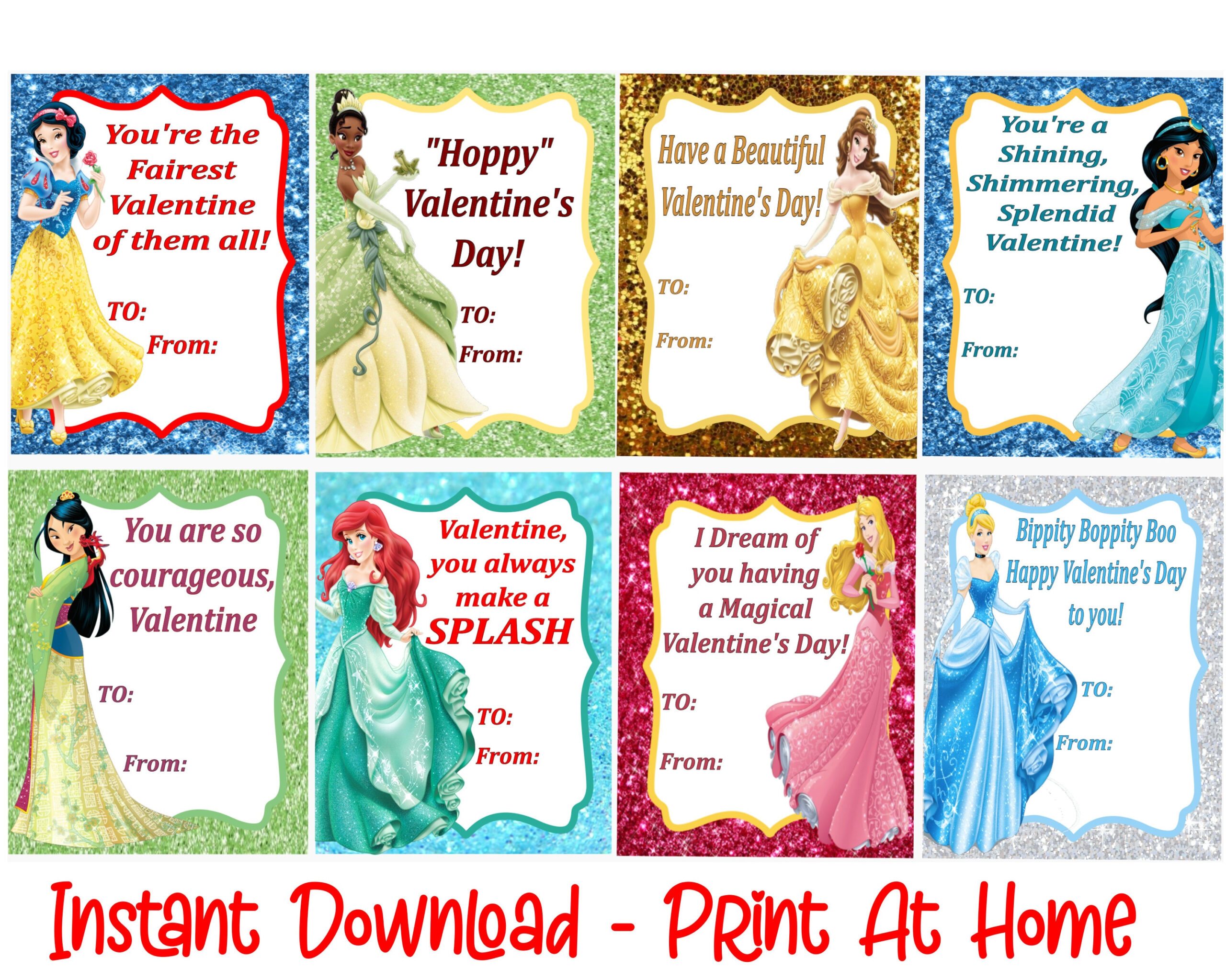 Princess Valentine'S Day Cards - Printable - Instant Download intended for Printable Disney Valentine Cards