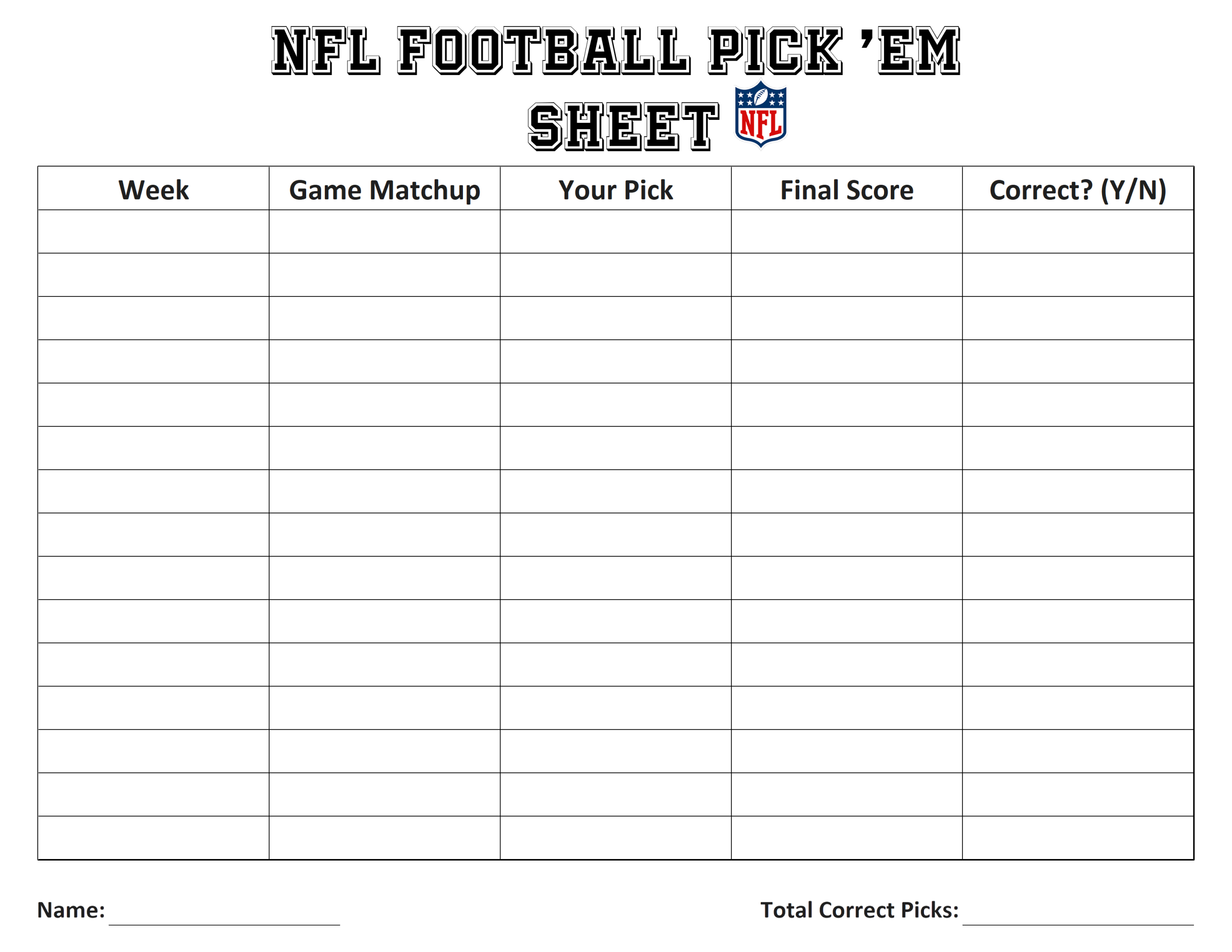 Printable Nfl Pick 'Em Sheet Template For Weekly Football in Super Bowl Pick Em Printable