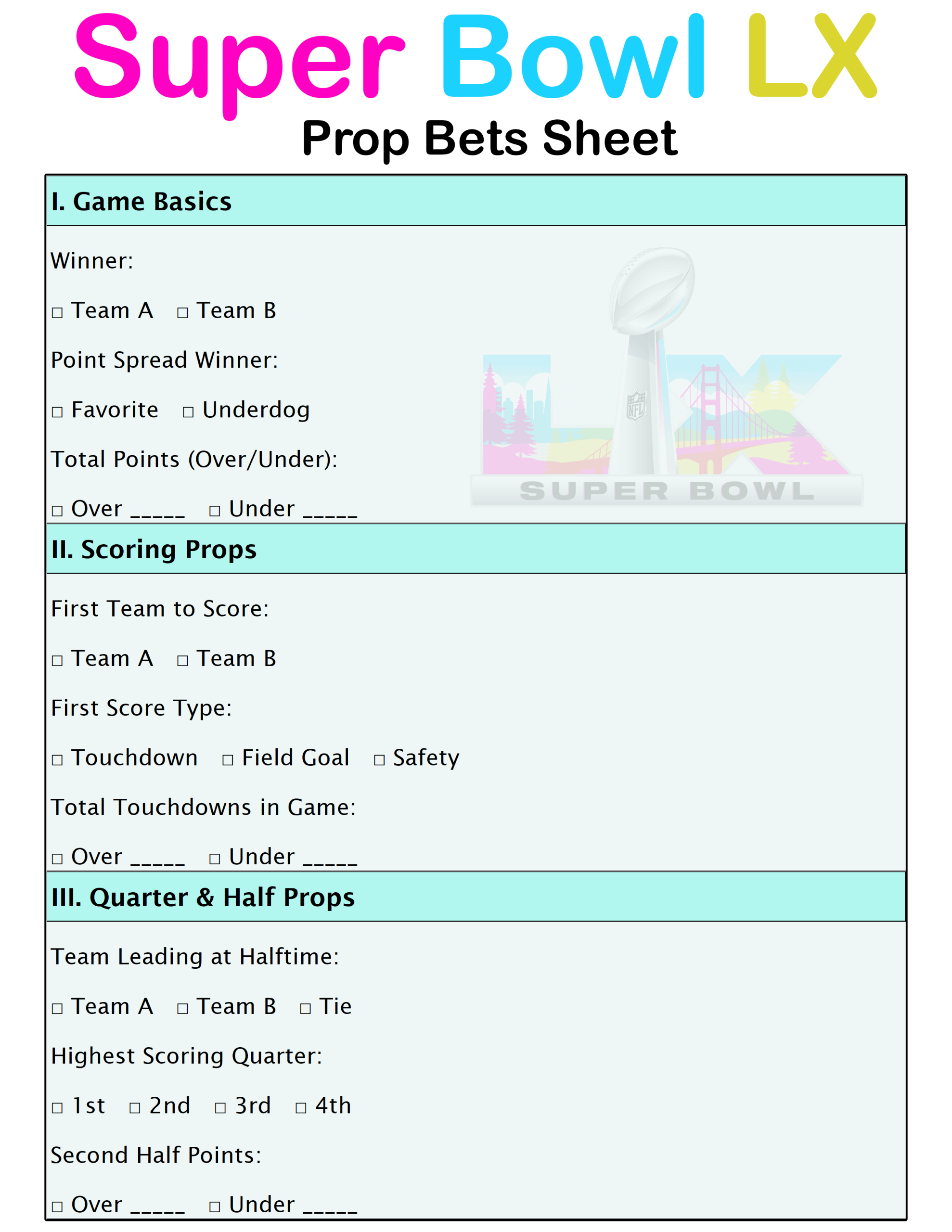 Printable Super Bowl Lx Prop Bets Sheet For Your 2026 Watch Party for Super Bowl Prop Bets Printable 2026