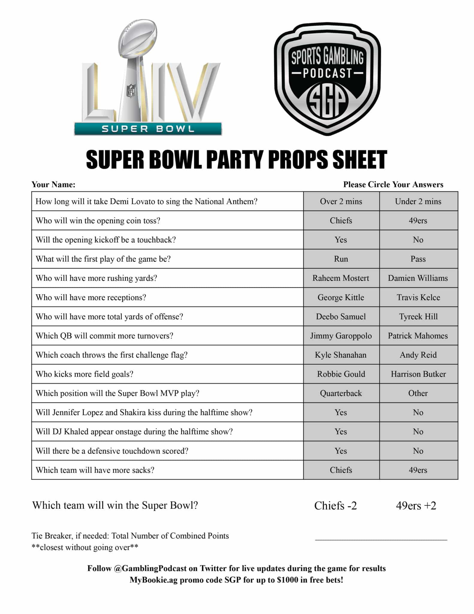 Printable Super Bowl Party Props Sheet - Sports Gambling Podcast within Printable Super Bowl Prop Bets
