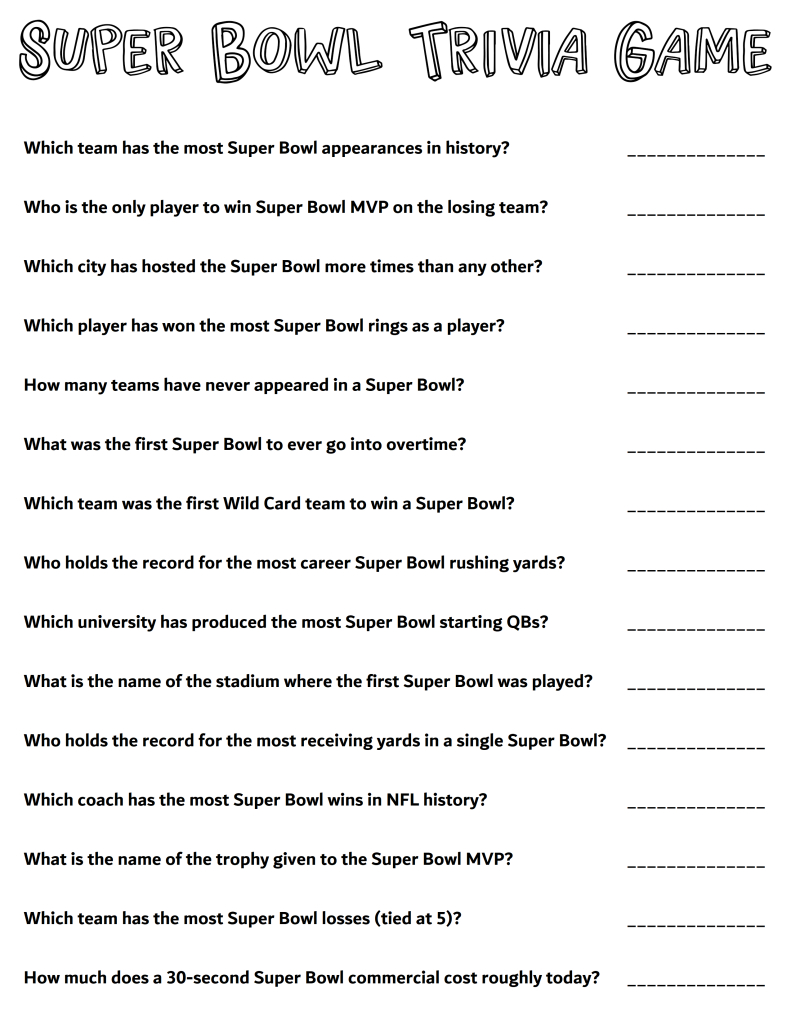 Printable Super Bowl Party Trivia Game Sheet With 18 Fun Football in Super Bowl 2026 Questions Game Printable