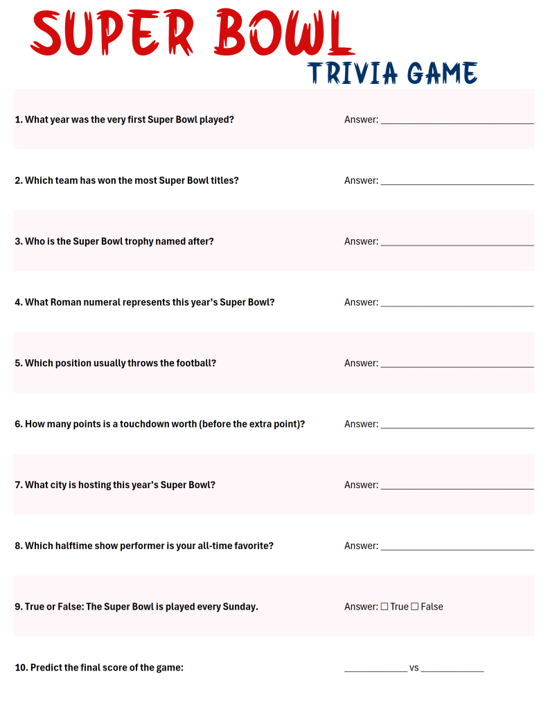 Printable Super Bowl Party Trivia Game Sheet With 18 Fun Football in Super Bowl Trivia Questions And Answers Printable 2026