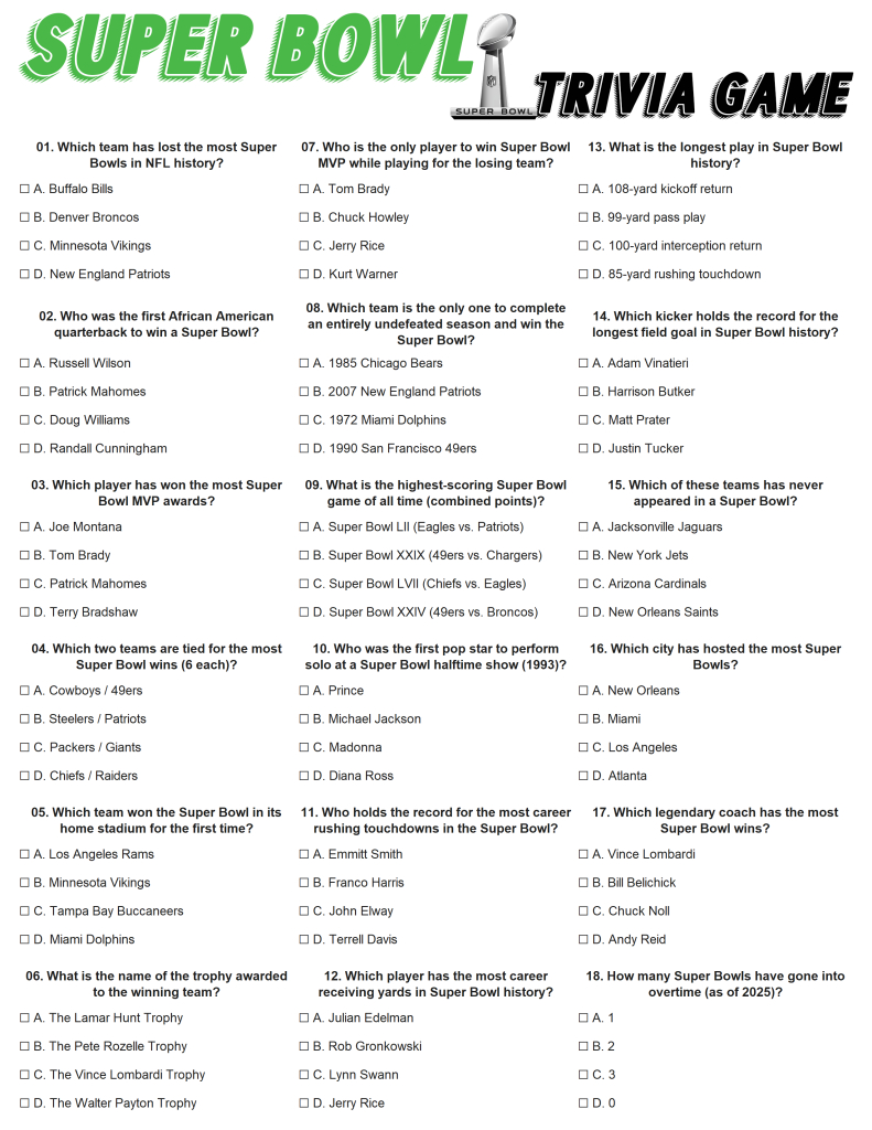 Printable Super Bowl Party Trivia Game Sheet With 18 Fun Football regarding Printable Super Bowl Winners List