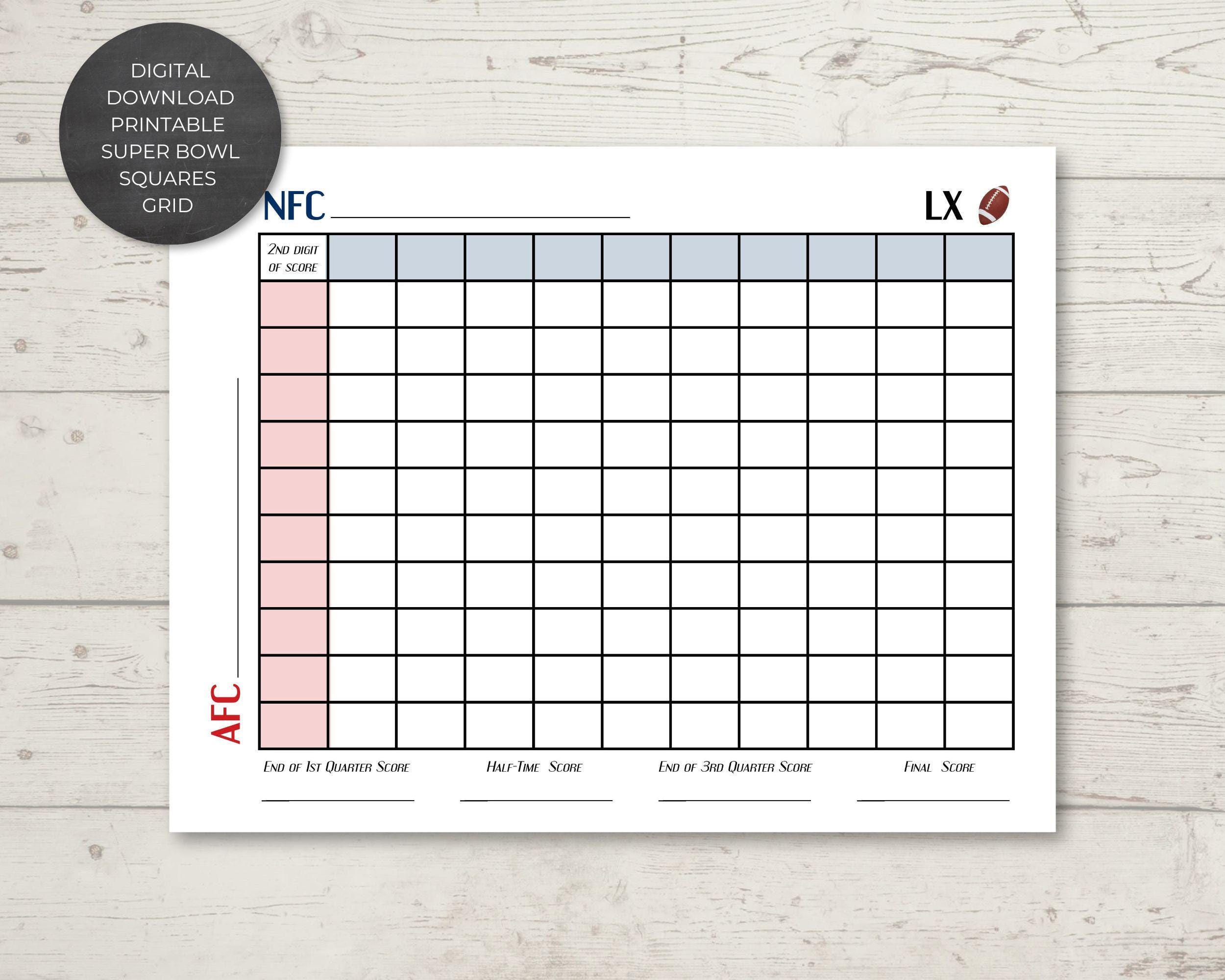 Printable Super Bowl Quadrate Gitter | Sofortiger Digitaler in Super Bowl Squares 2026 Printable