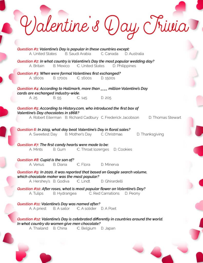 Printable Valentine'S Day Trivia Questions And Answers for Printable Valentine Trivia and Answers