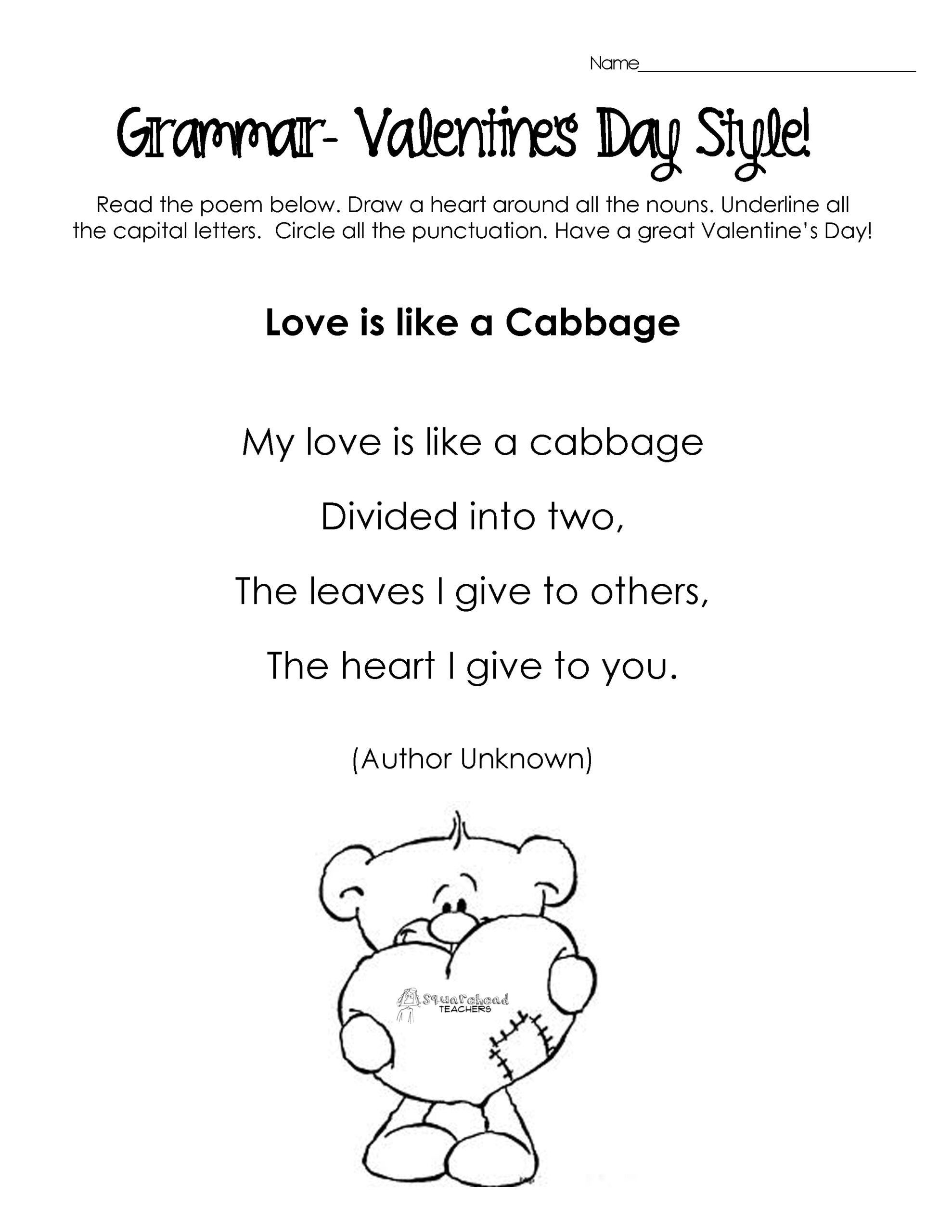 Silly Valentine'S Day Poems For Grammar Practice (Free Worksheets intended for Printable Valentine Poems
