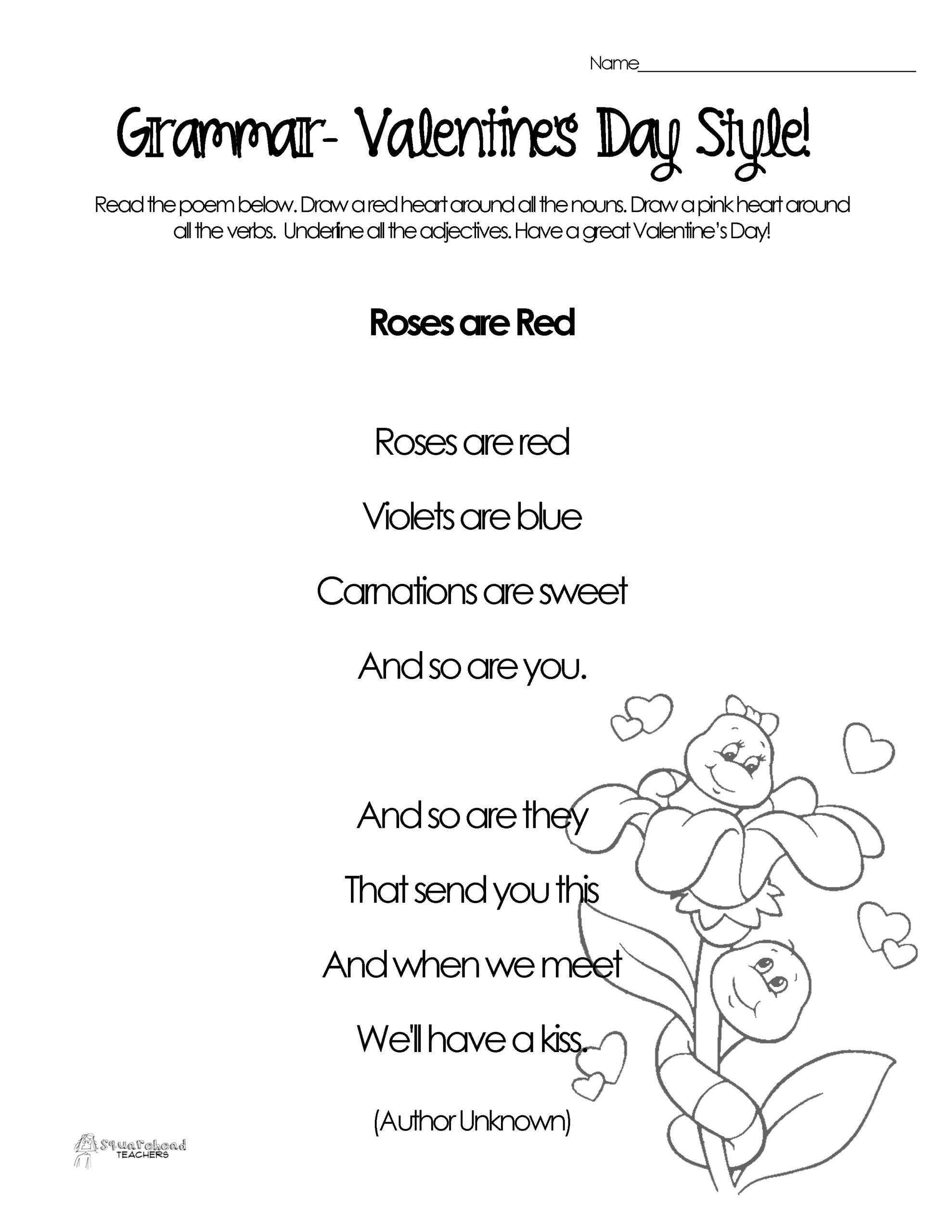 Silly Valentine'S Day Poems For Grammar Practice (Free Worksheets regarding Printable Valentines Day Poems