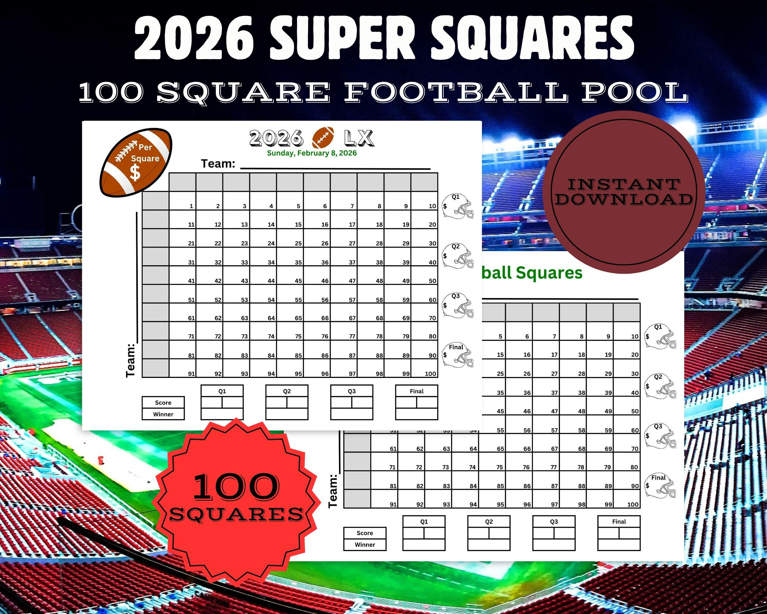 Super Big Game Football Squares, Printable 100 Square Football with 2026 Super Bowl Pool Printable