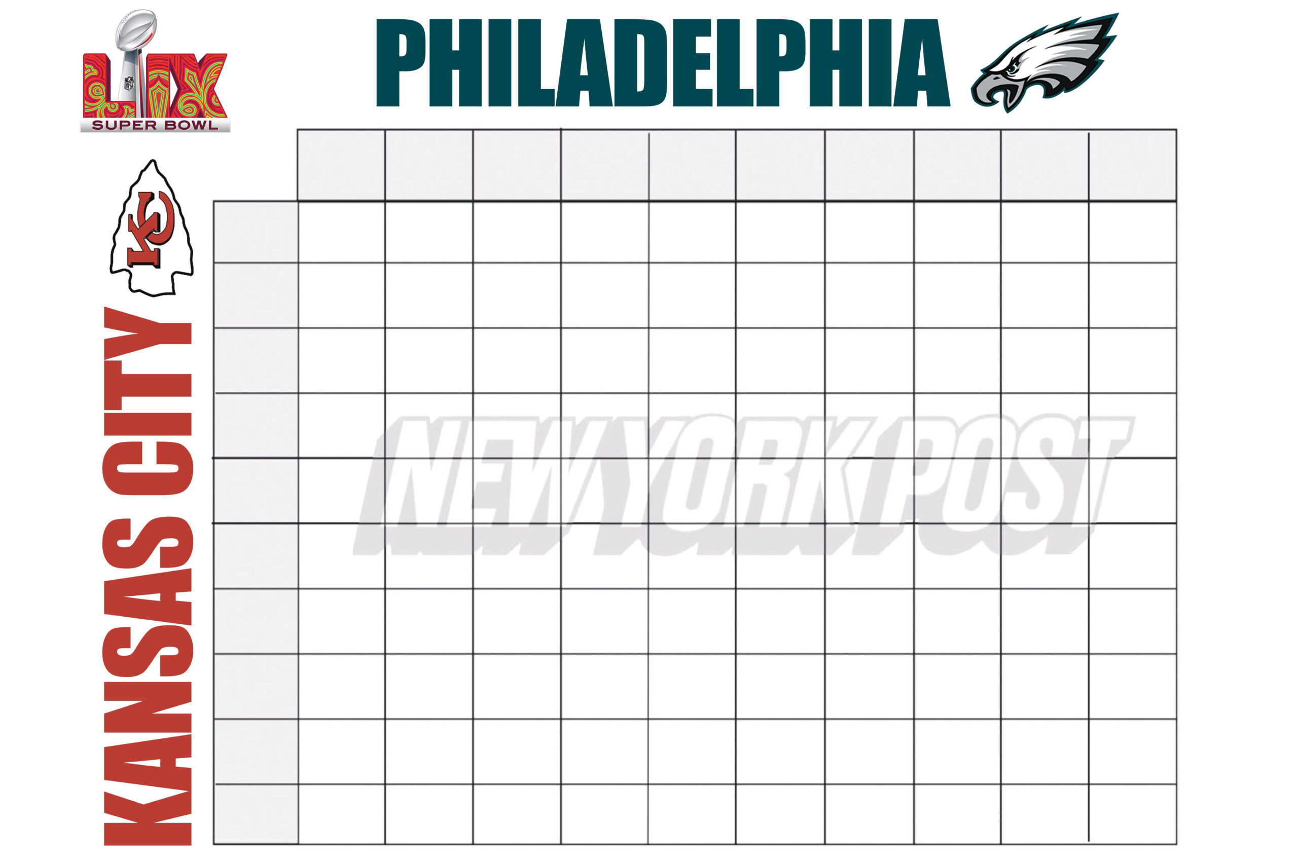 Super Bowl 2025 Squares: Printable Boxes Template For Chiefs Vs with Printable Super Bowl Boxes Template