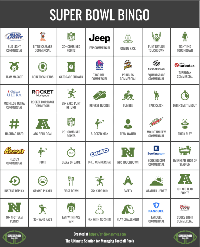 Super Bowl Bingo 2026 Free Printable Cards - Commercial Bingo with Super Bowl Bingo 2026 Free Printable