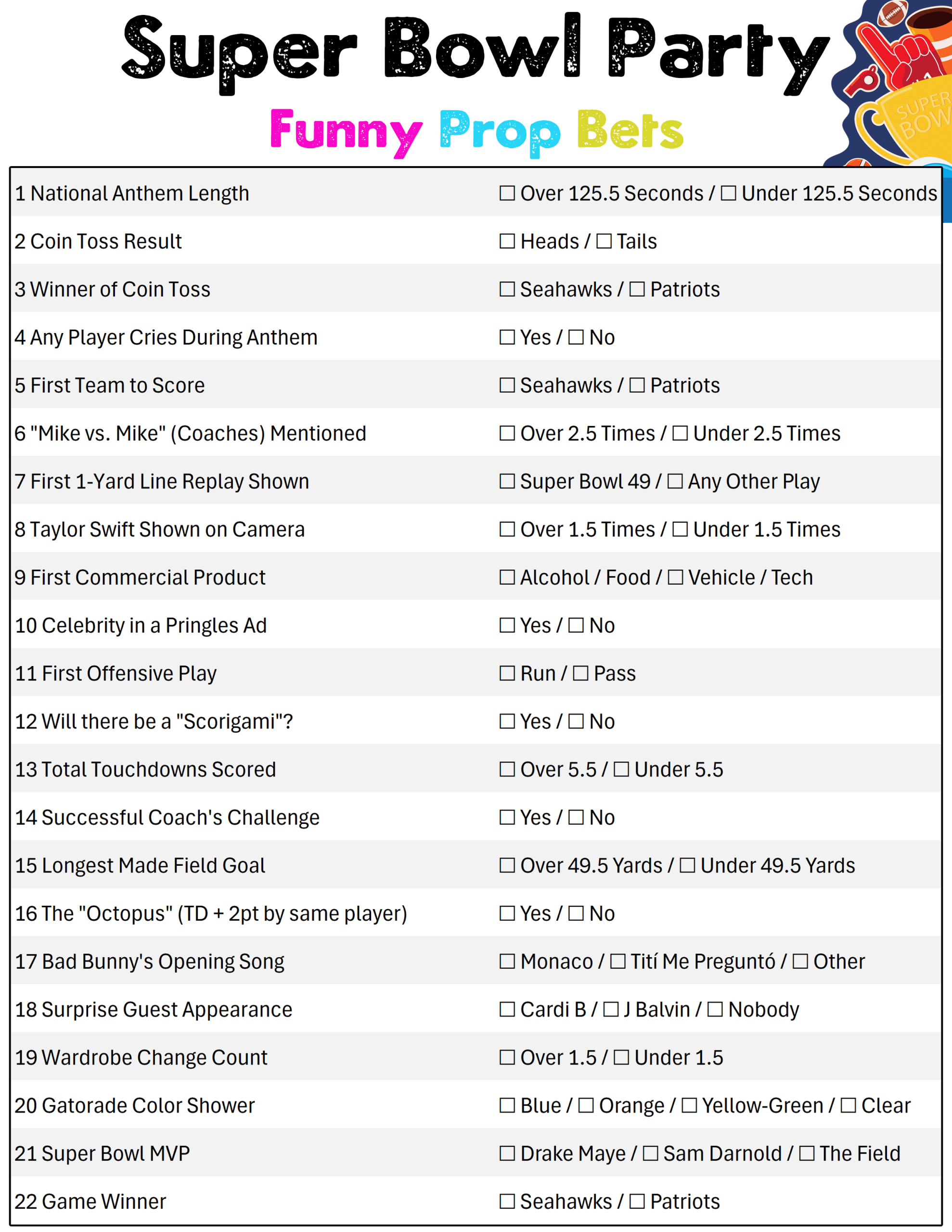 Super Bowl Fun Prop Bets: Free Printable Pdf Sheet For Super Bowl within Funny Super Bowl Prop Bets 2026 Printable