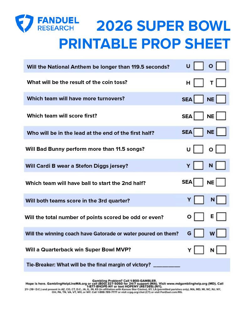 Super Bowl Lx Printable Prop Bet Sheet For Seahawks Vs. Patriots pertaining to Fanduel 2026 Super Bowl Printable Prop Sheet