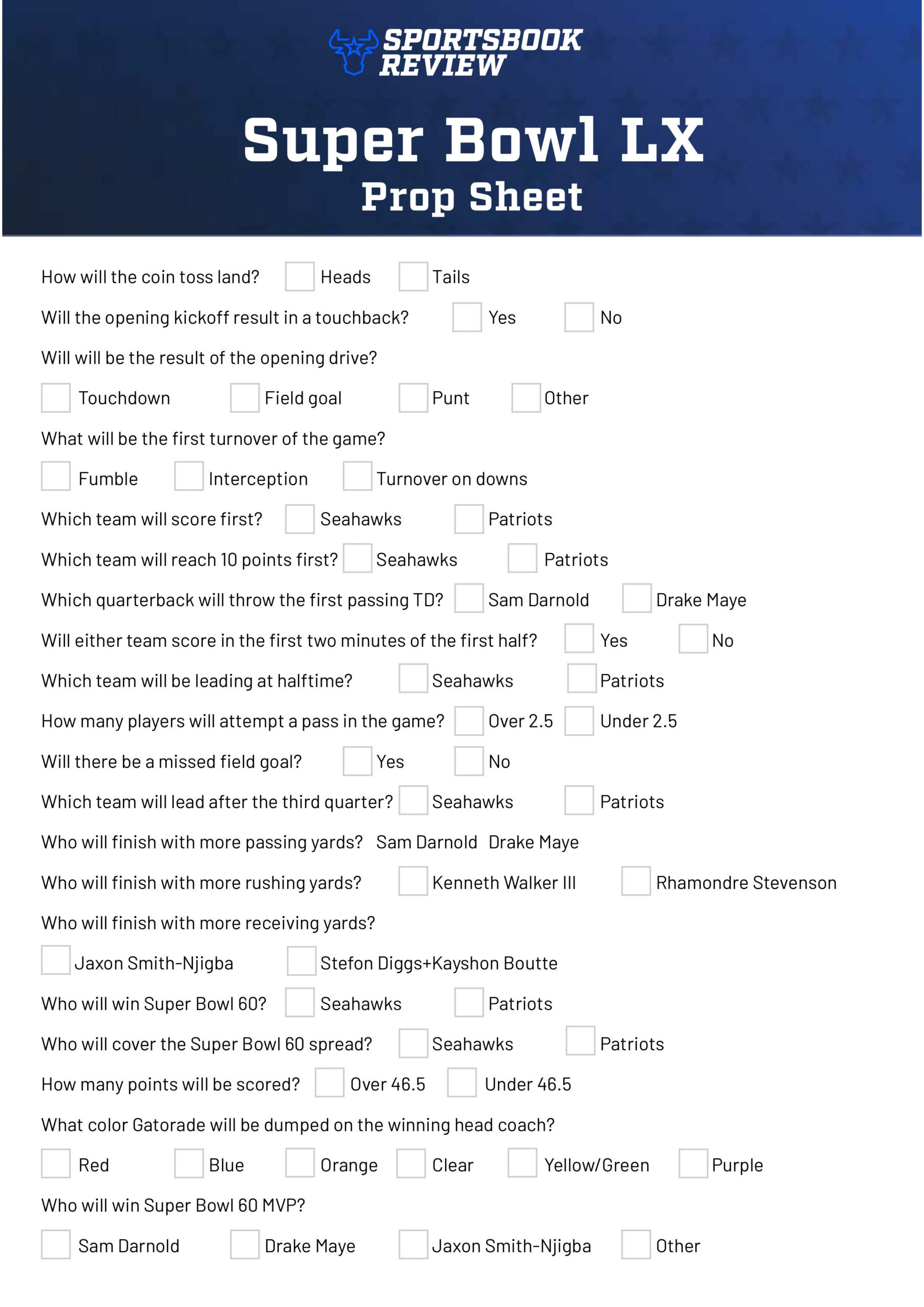 Super Bowl Prop Bet Sheet 2026 | Free, Printable List Of Seahawks in Super Bowl 2026 Prop Bets List Printable