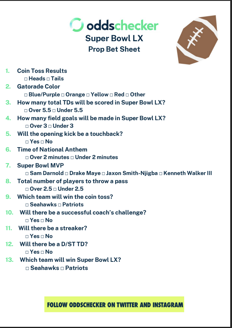 Super Bowl Prop Sheet: The Best Printable Super Bowl Party Prop within Super Bowl 2026 Printable Games
