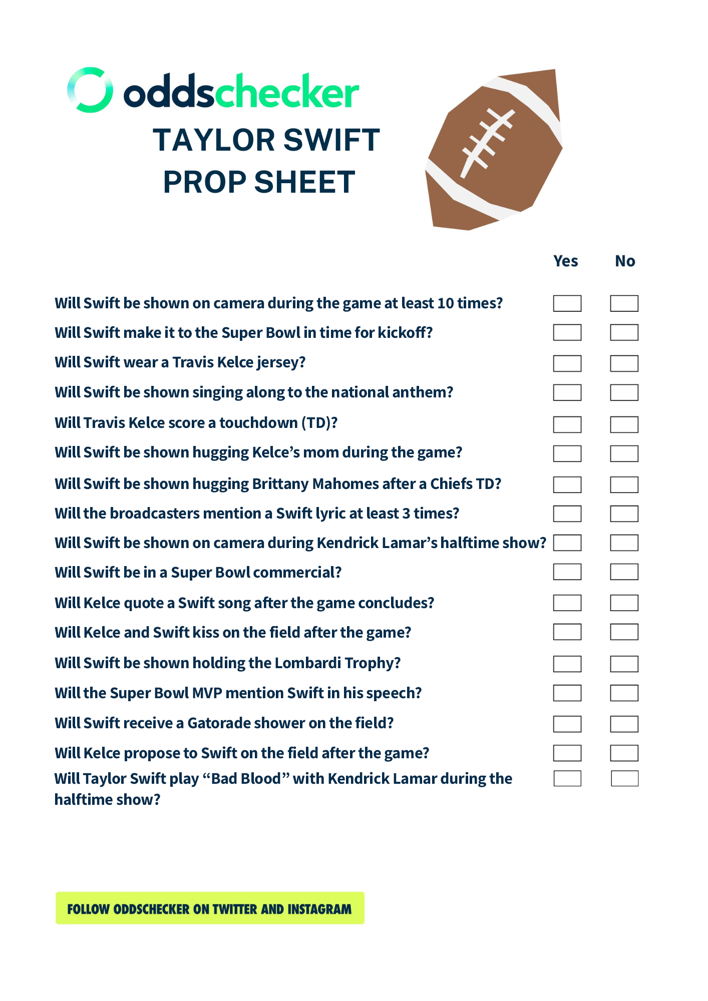 Taylor Swift Prop Bet Sheet For Super Bowl 2025 [Printable] within Super Bowl Betting Printable