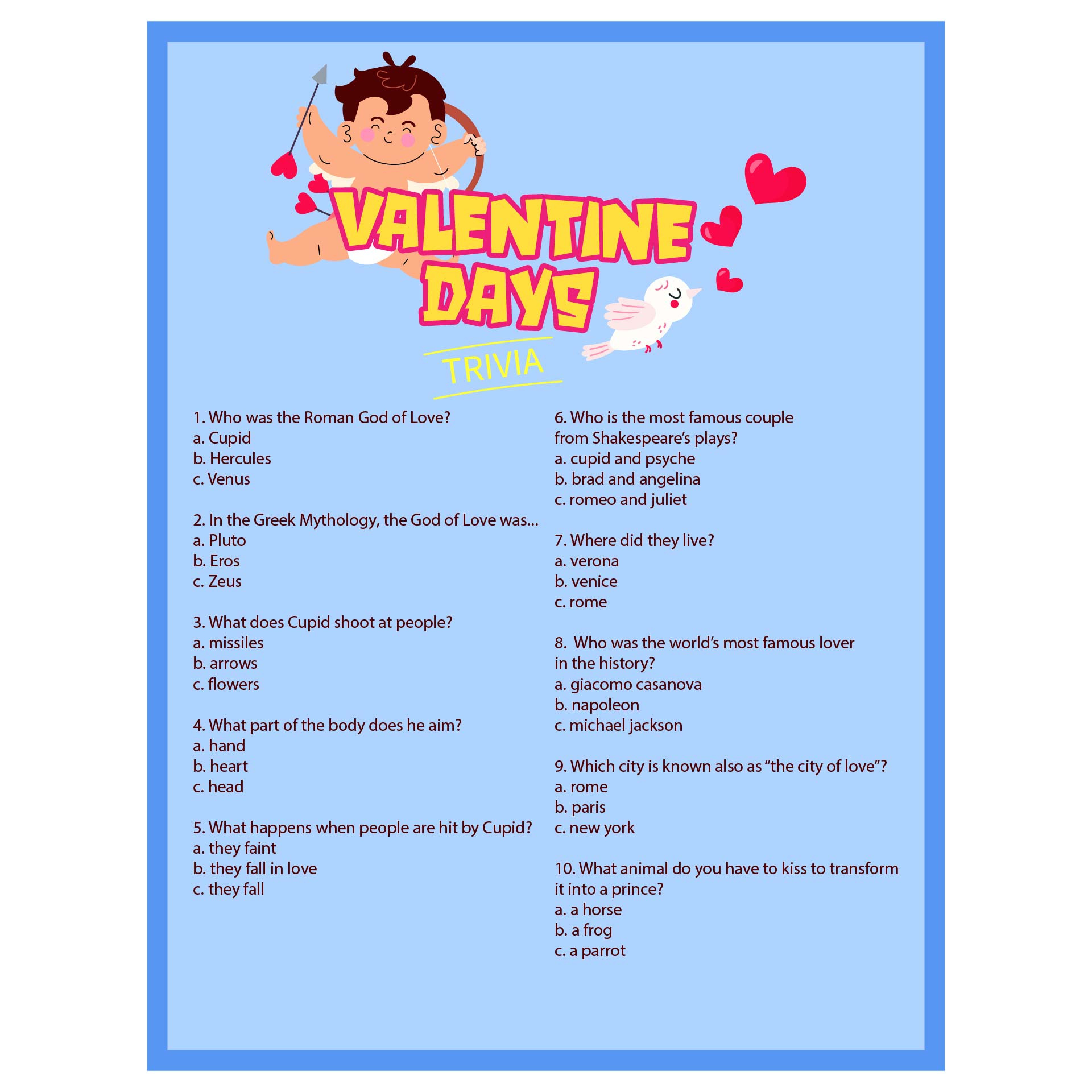 Valentines Day Games Valentines Day Trivia Game, Printable for Printable Valentine Quiz