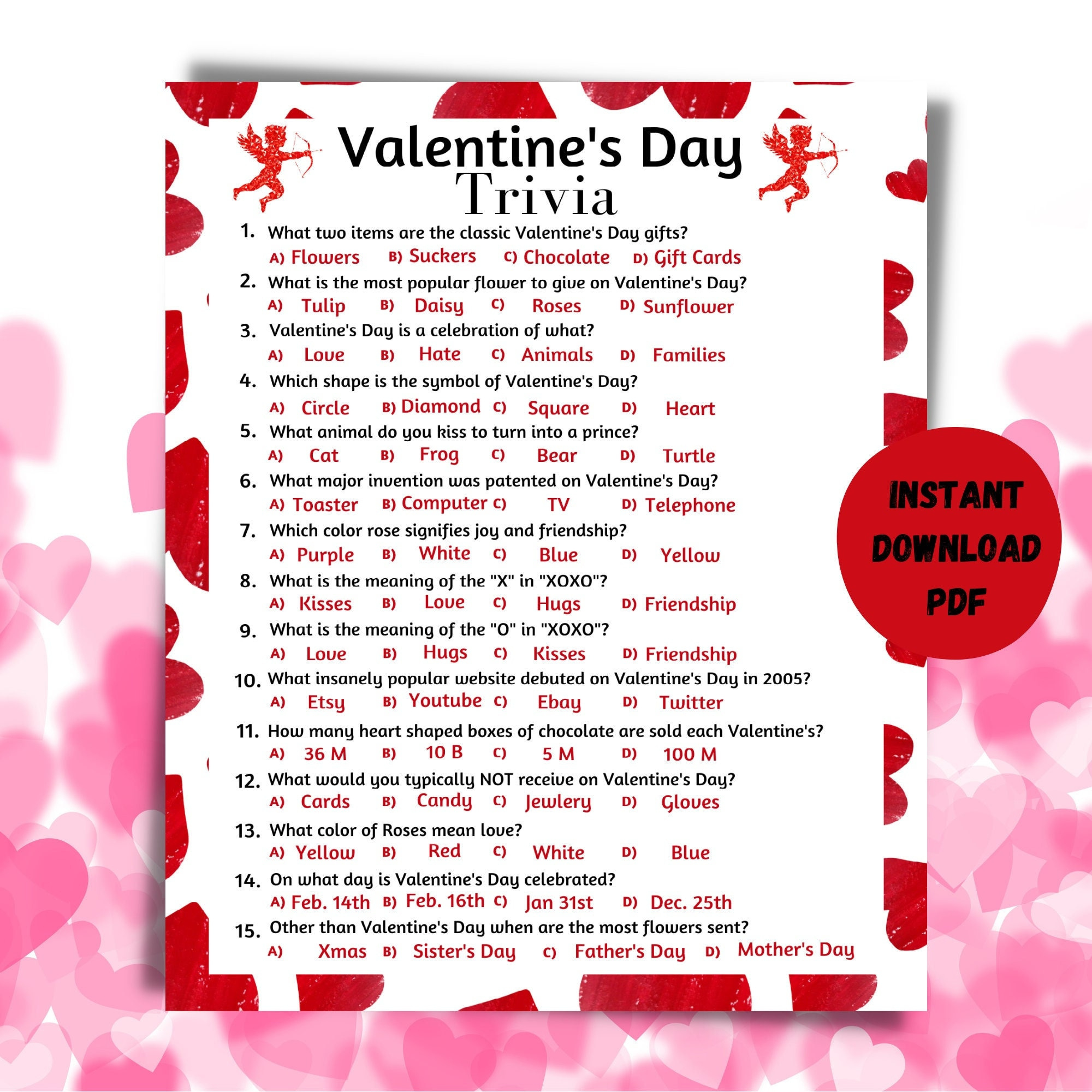 Valentine'S Day Printable Trivia Game, Valentine'S Day Instant throughout Printable Valentine Trivia and Answers