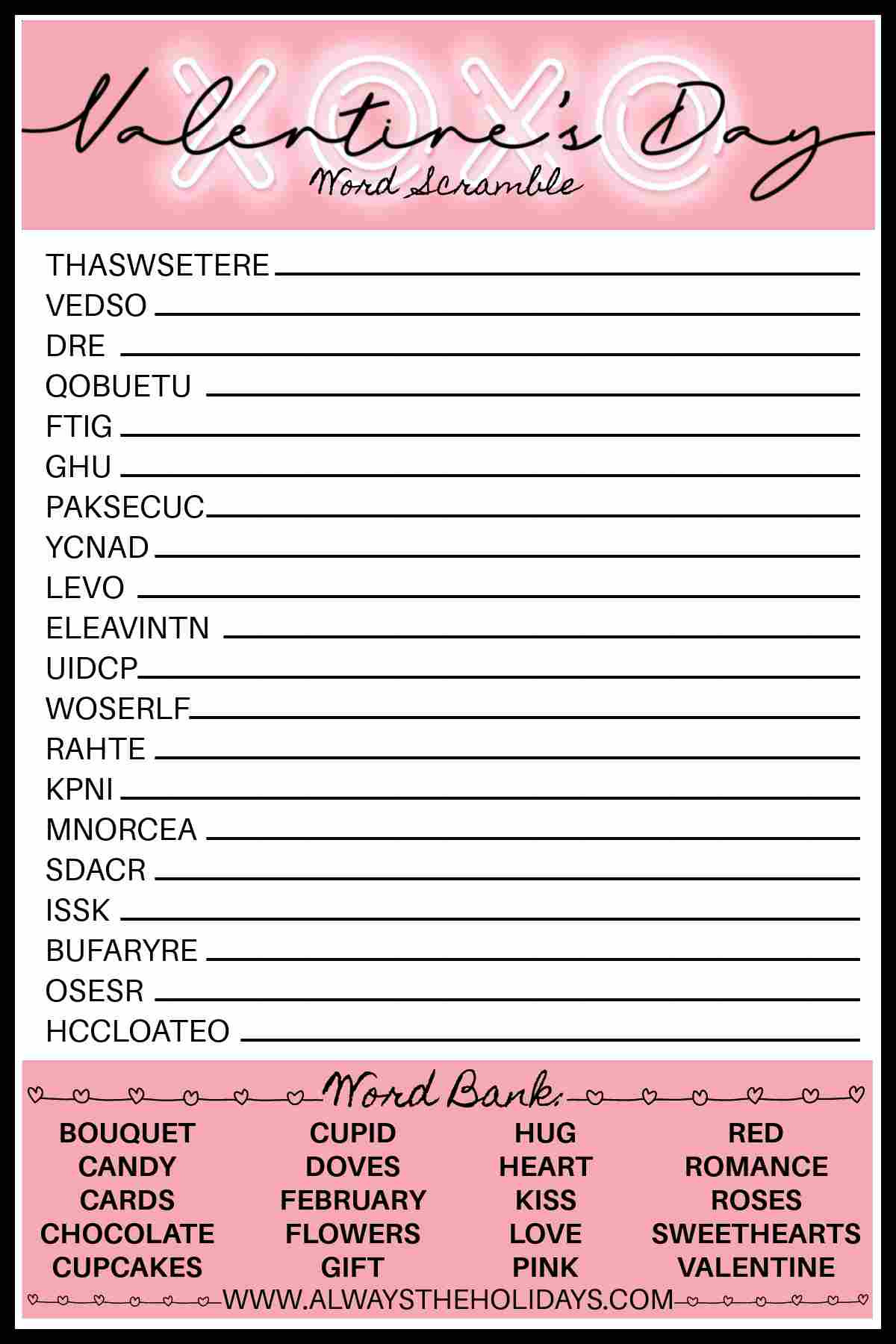 Valentine'S Day Word Scramble With Answers - Valentine'S Printable in Printable Valentine Word Scramble