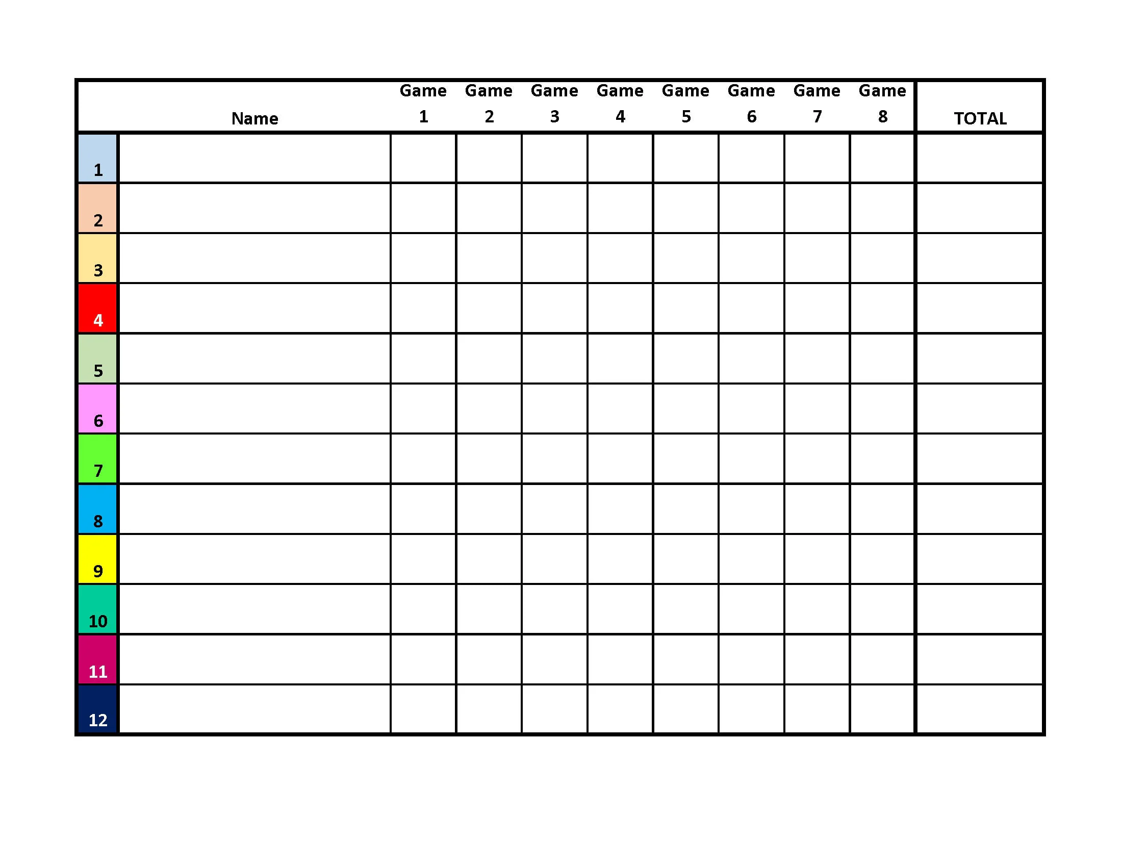 12 Player Euchre Tournament Score Sheet